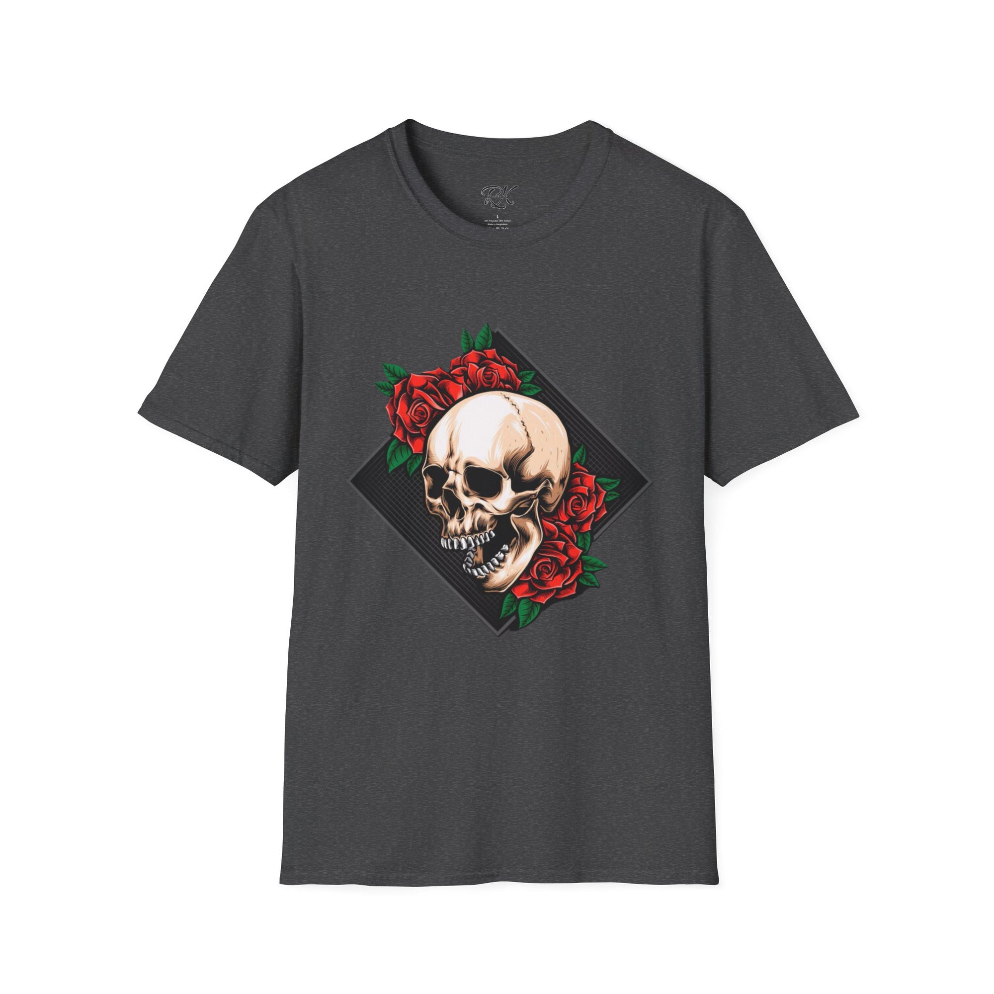 Skull and Roses T-Shirt | Edgy Unisex Softstyle Tee for Music Lovers, Halloween, Casual Wear, Gift Idea, Streetwear