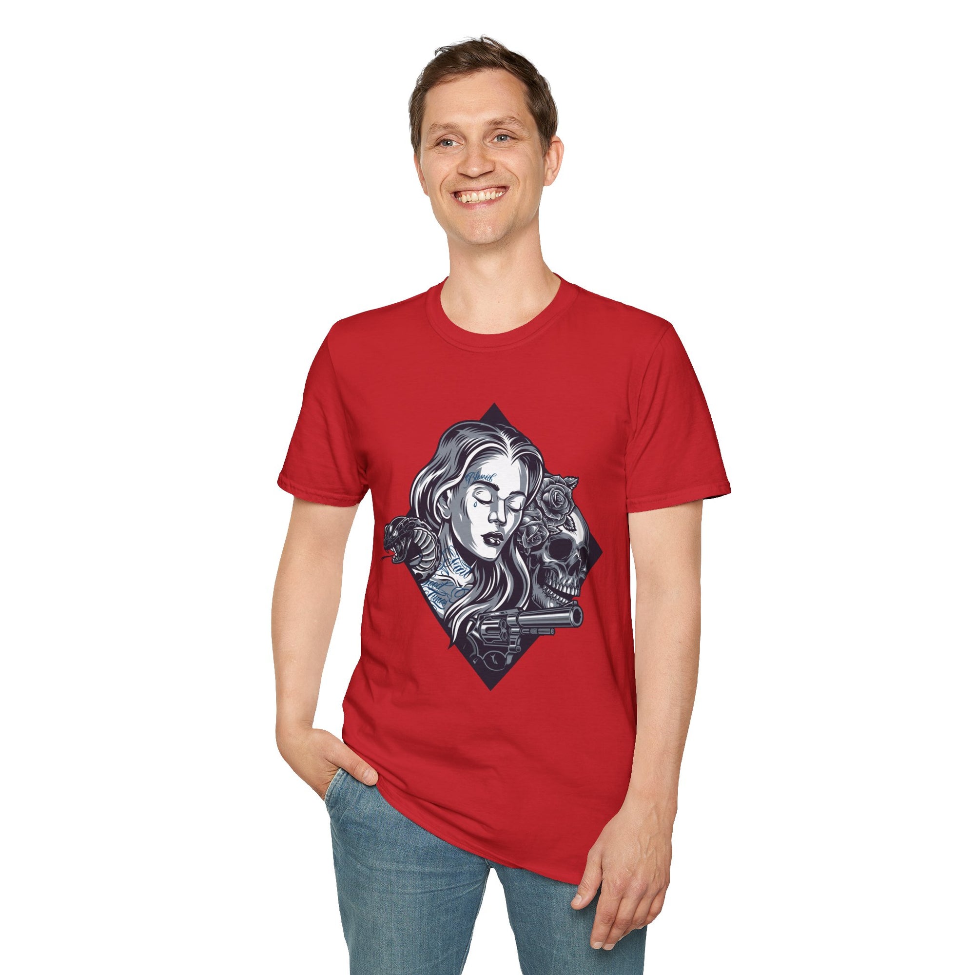 Edgy Graphic Tee, Unisex T-Shirt with Skull and Rose Design, Stylish Casual Wear, Perfect for Gift Giving, Comfortable Everyday Attire
