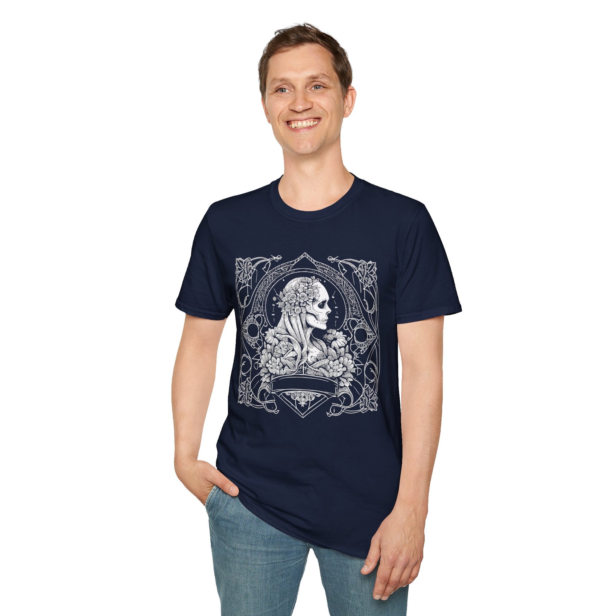 Gothic Floral Skull T-Shirt, Unisex Softstyle Tee, Halloween Apparel, Gothic Fashion, Unique Gift, Casual Wear