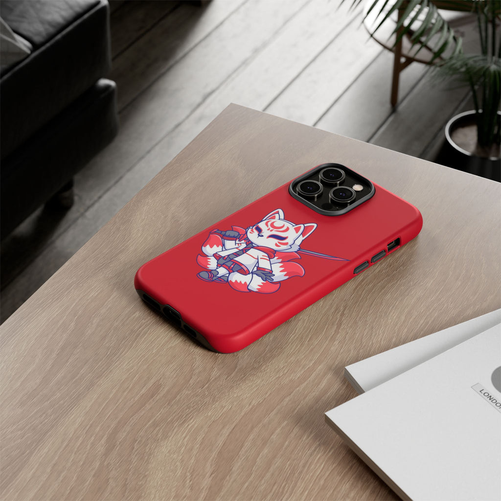 Anime-Inspired Tough Phone Case, Kawaii Fox Design, Gift for Gamers, Cute Phone Accessories, Red Phone Cover, Cosplay Merchandise