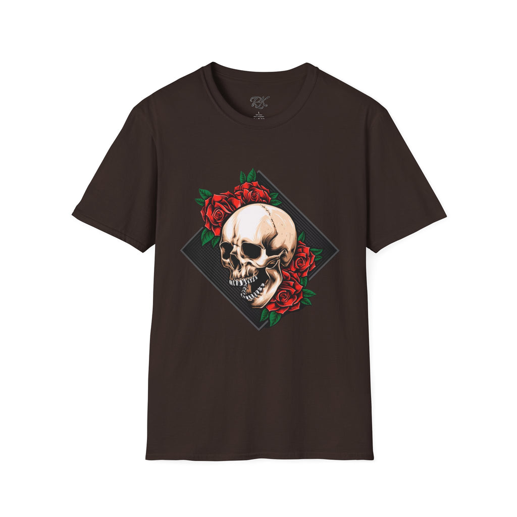 Skull and Roses T-Shirt | Edgy Unisex Softstyle Tee for Music Lovers, Halloween, Casual Wear, Gift Idea, Streetwear