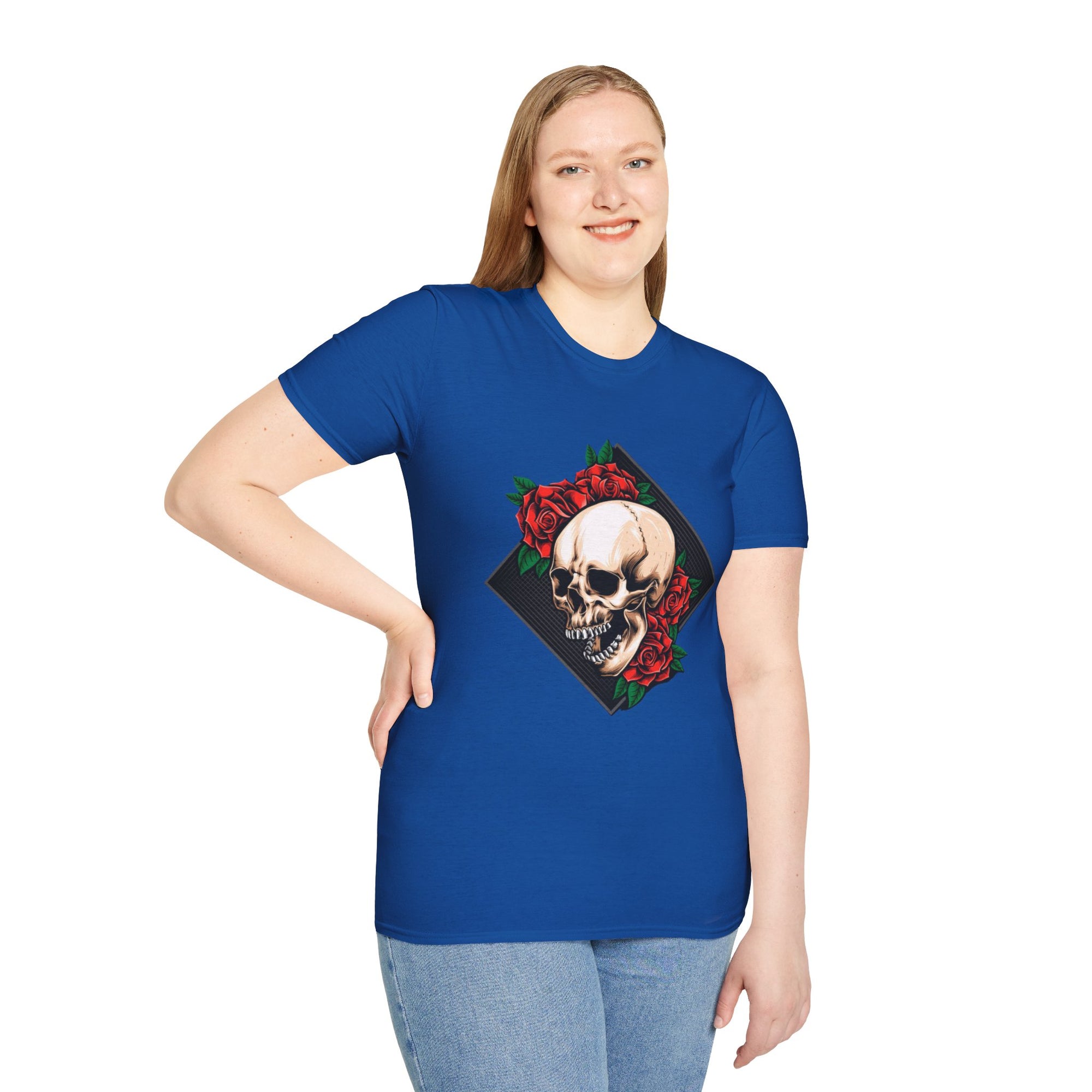 Skull and Roses T-Shirt | Edgy Unisex Softstyle Tee for Music Lovers, Halloween, Casual Wear, Gift Idea, Streetwear