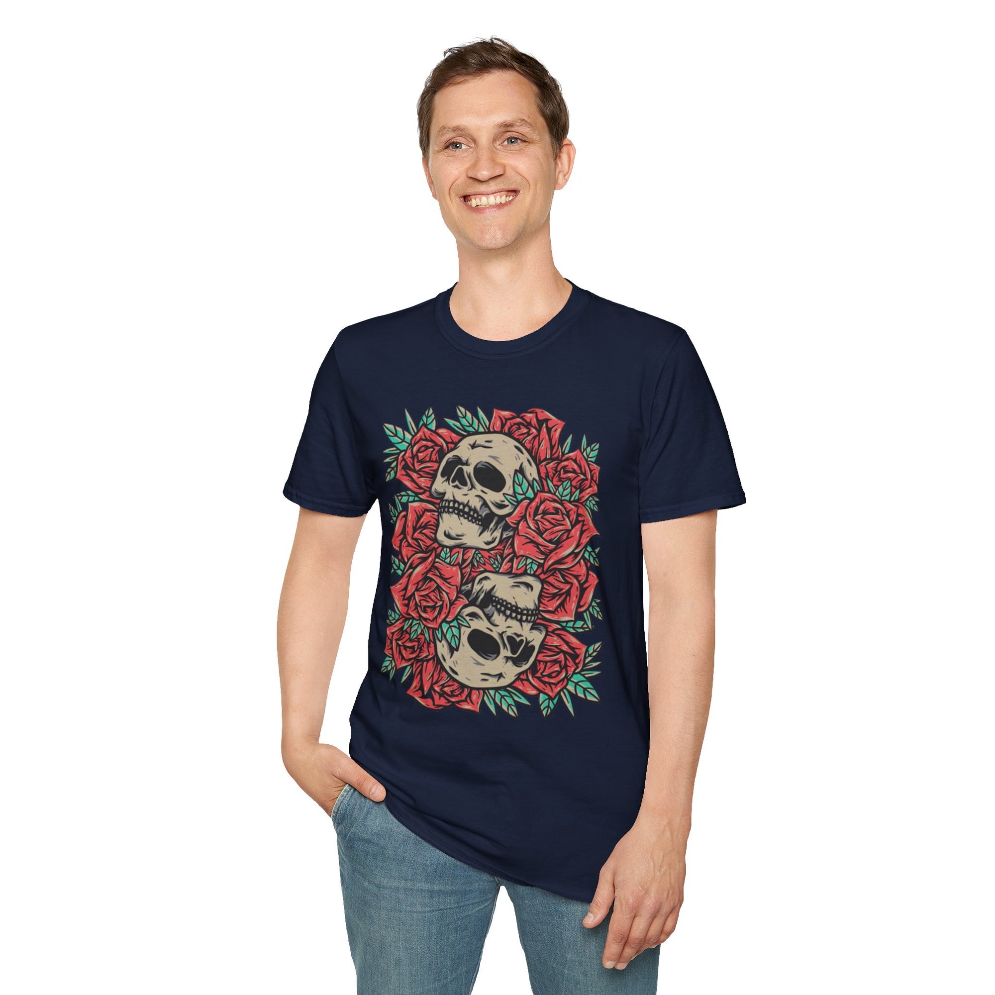 Skull & Roses Graphic T-Shirt | Edgy Casual Wear, Halloween Outfit, Gift for Friends, Festival Style, Unisex Shirt