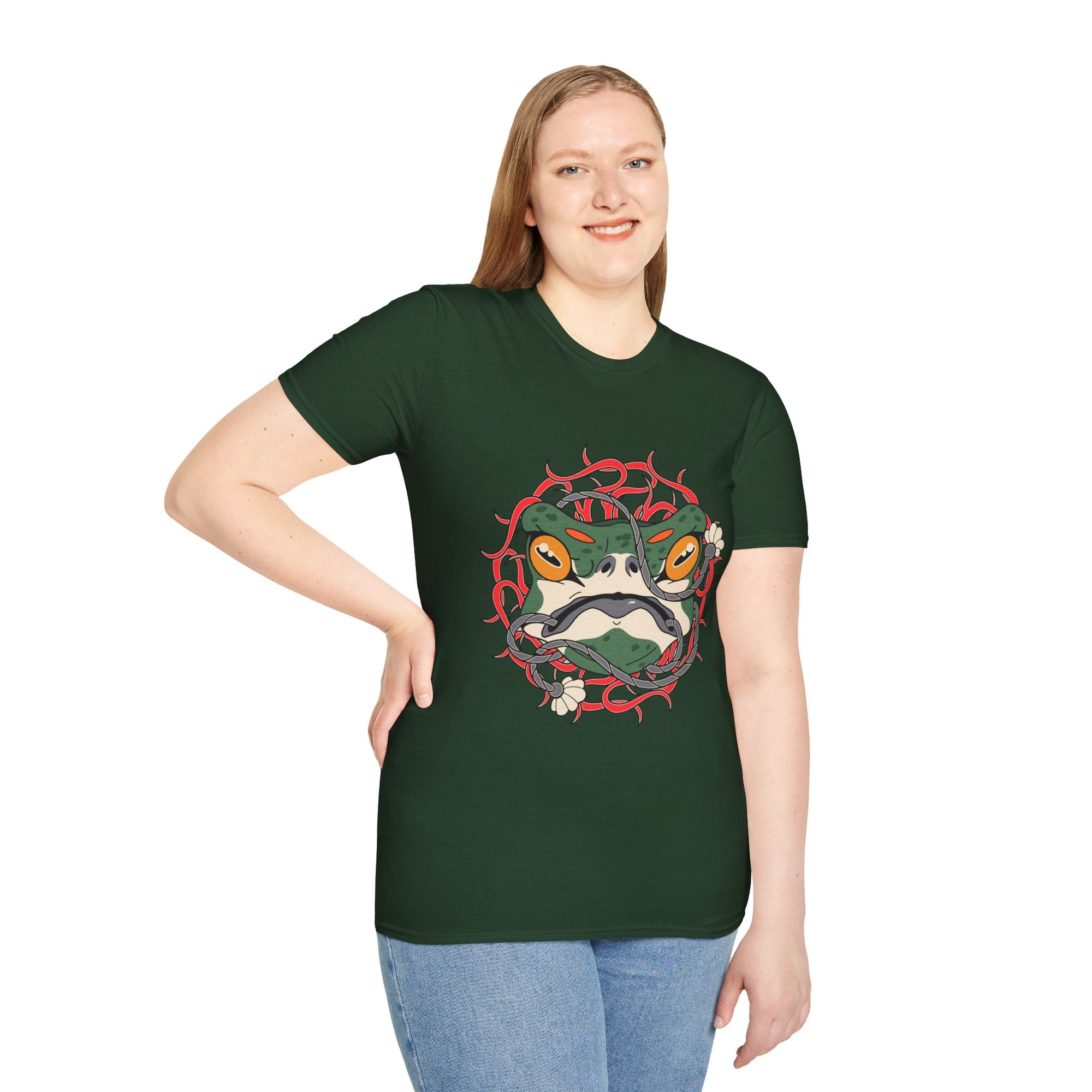 Frog Art Unisex Softstyle T-Shirt | Unique Graphic Tee, Casual Wear, Gift for Nature Lovers, Birthday, Eco-Friendly Fashion