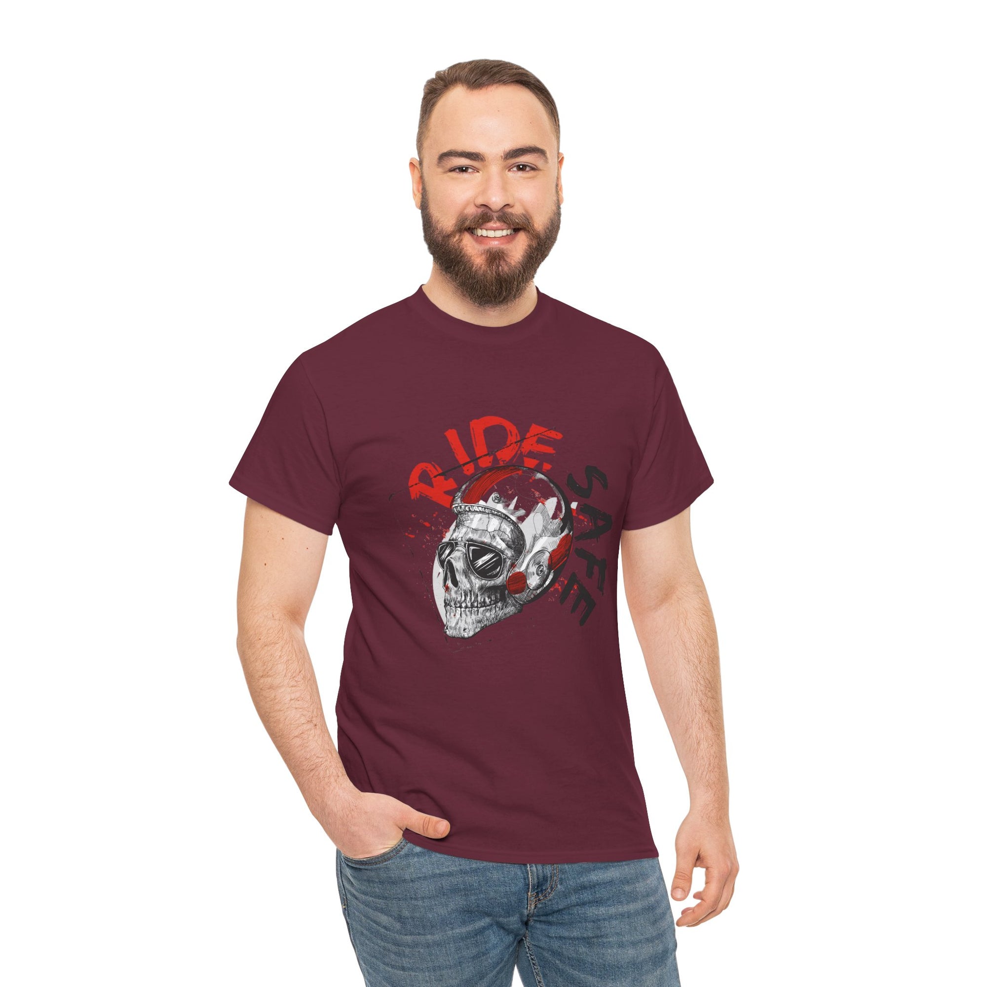 Skull Themed Ride Safe Tee, Unisex Heavy Cotton T-Shirt, Motorcycle Tee, Biker Apparel, Gift for Riders, Casual Wear