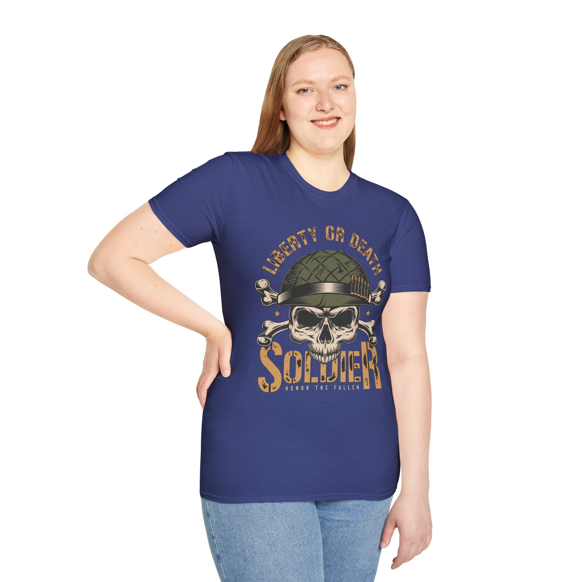 Liberty or Death Skull Soldier T-Shirt, Military Apparel, Unisex Graphic Tee, Veteran Gift, Casual Wear, Outdoor Adventure