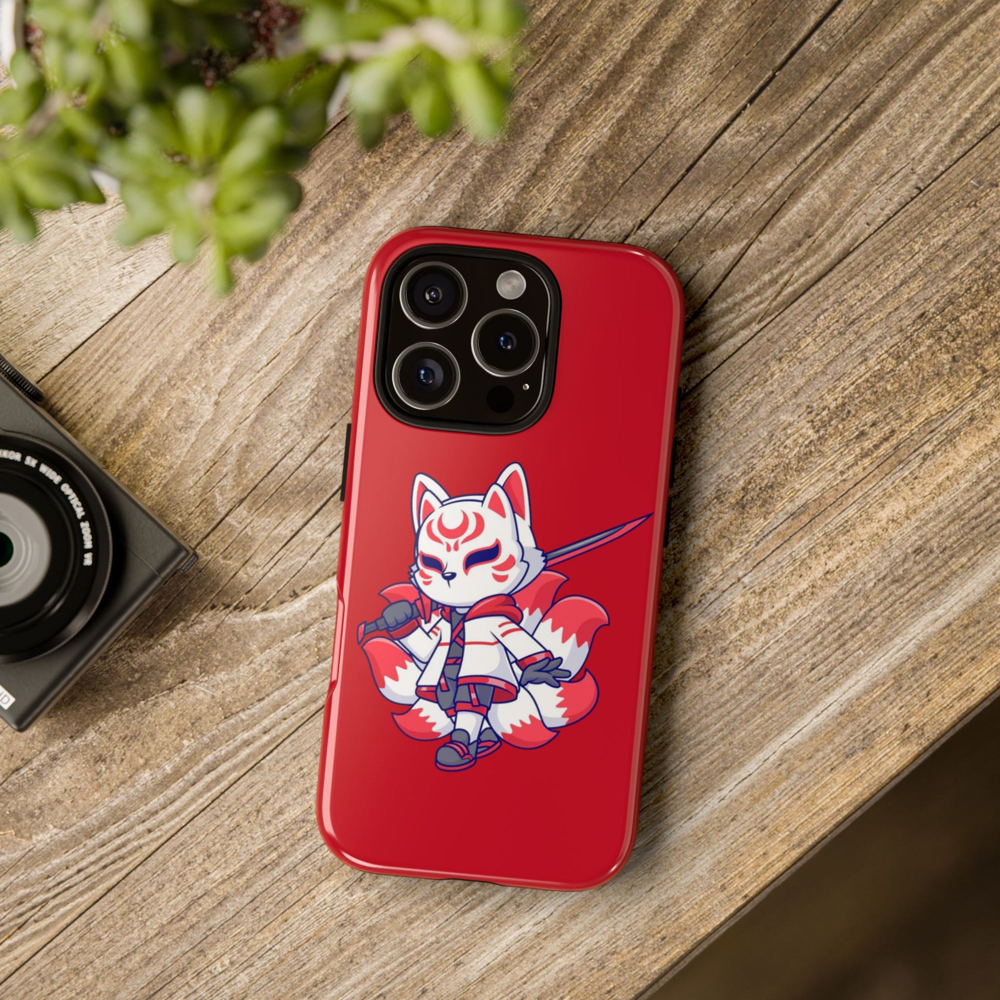 Anime-Inspired Tough Phone Case, Kawaii Fox Design, Gift for Gamers, Cute Phone Accessories, Red Phone Cover, Cosplay Merchandise