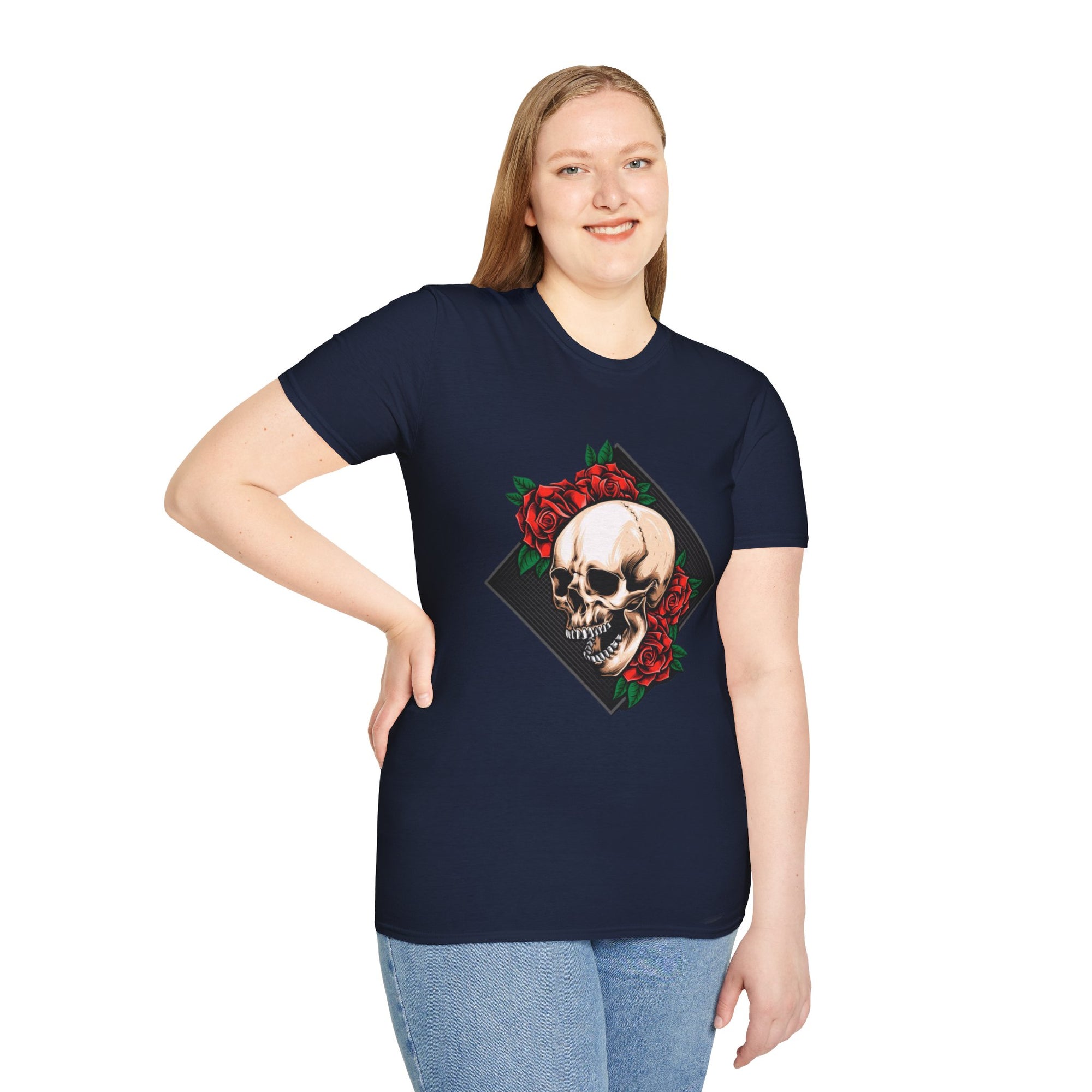 Skull and Roses T-Shirt | Edgy Unisex Softstyle Tee for Music Lovers, Halloween, Casual Wear, Gift Idea, Streetwear