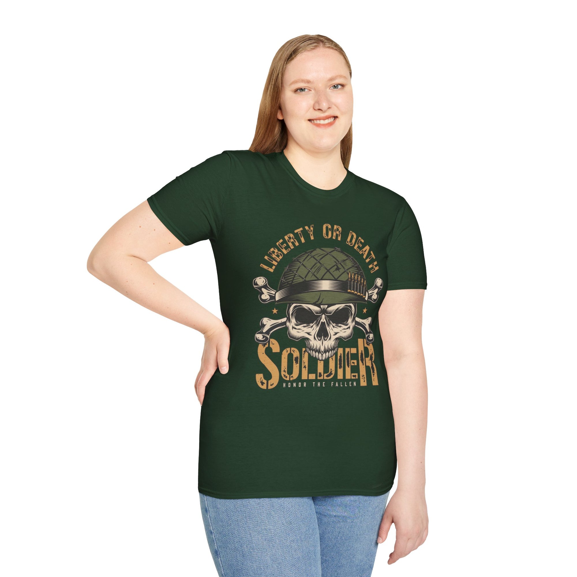 Liberty or Death Skull Soldier T-Shirt, Military Apparel, Unisex Graphic Tee, Veteran Gift, Casual Wear, Outdoor Adventure