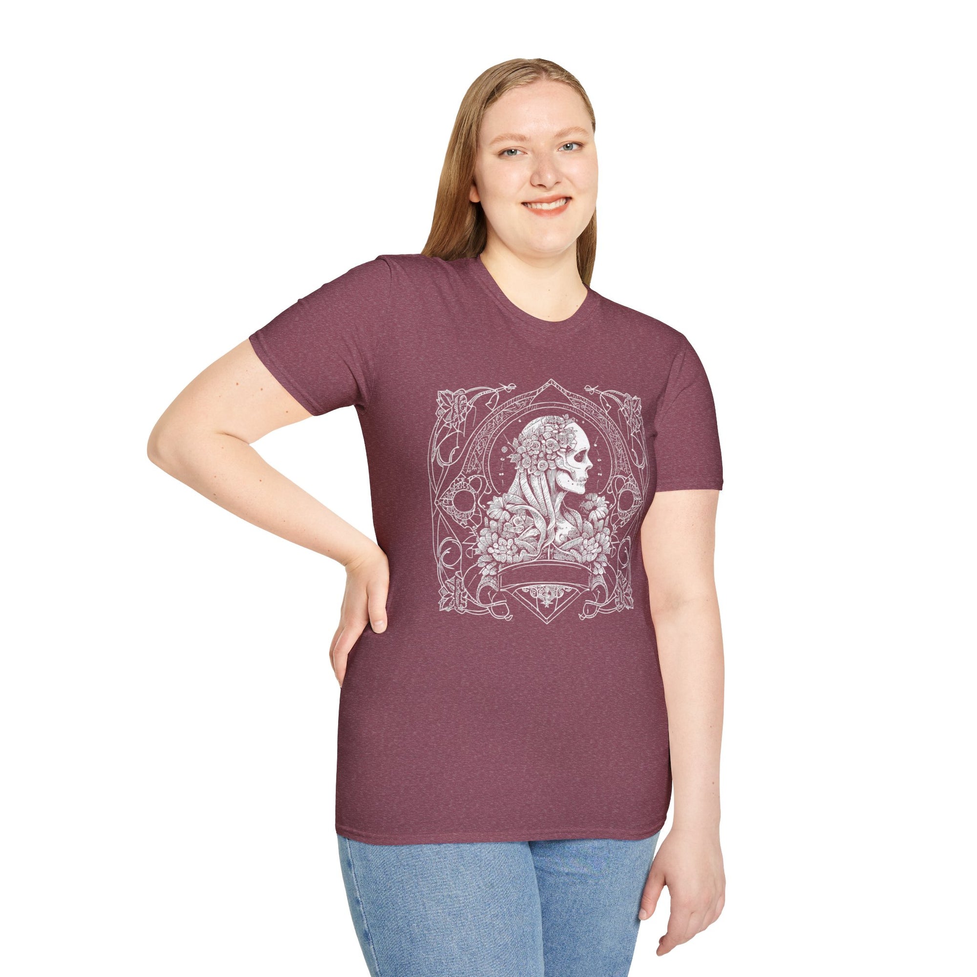 Gothic Floral Skull T-Shirt, Unisex Softstyle Tee, Halloween Apparel, Gothic Fashion, Unique Gift, Casual Wear