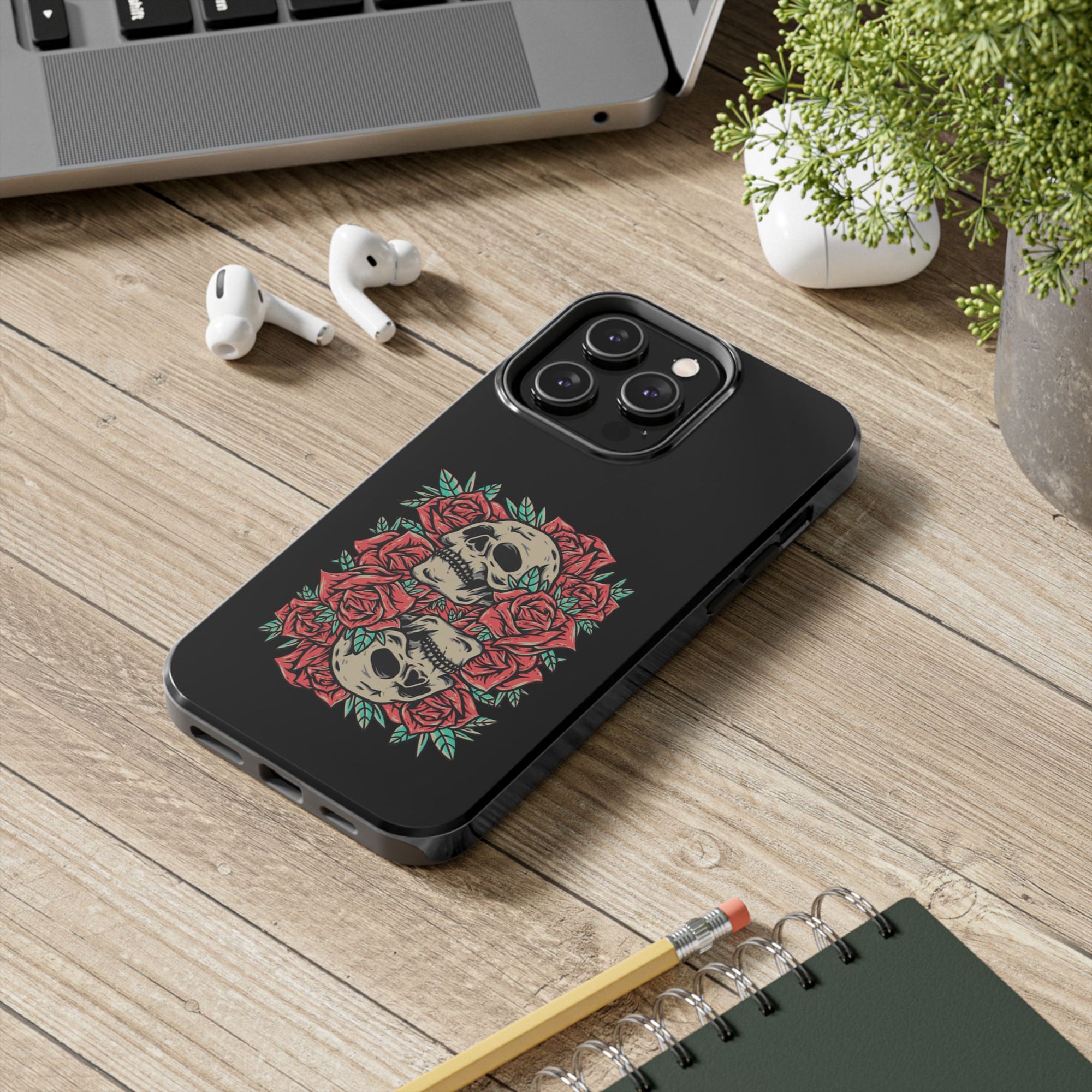 Stylish Skull & Roses Phone Case, Tough Phone Cover, Floral Skull Design, Unique Gift for her, Gothic Aesthetic Accessories