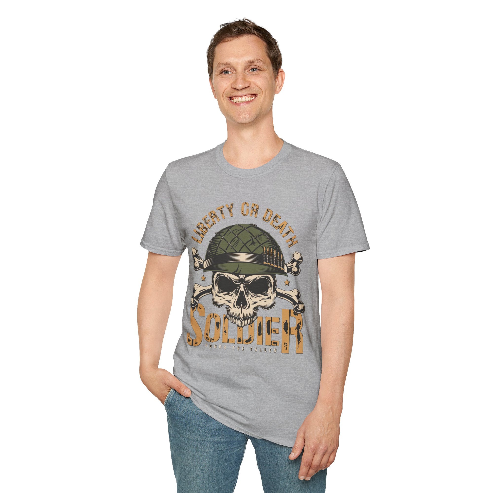 Liberty or Death Skull Soldier T-Shirt, Military Apparel, Unisex Graphic Tee, Veteran Gift, Casual Wear, Outdoor Adventure