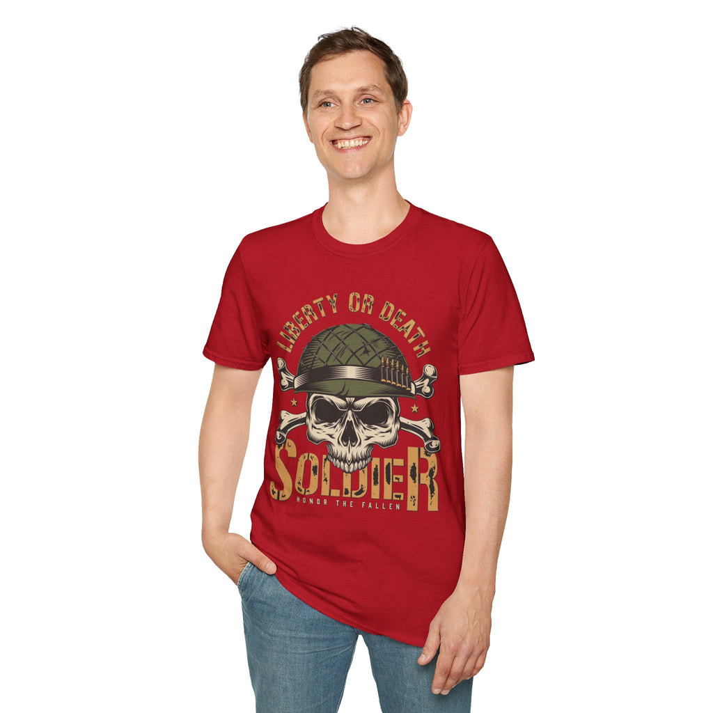 Liberty or Death Skull Soldier T-Shirt, Military Apparel, Unisex Graphic Tee, Veteran Gift, Casual Wear, Outdoor Adventure