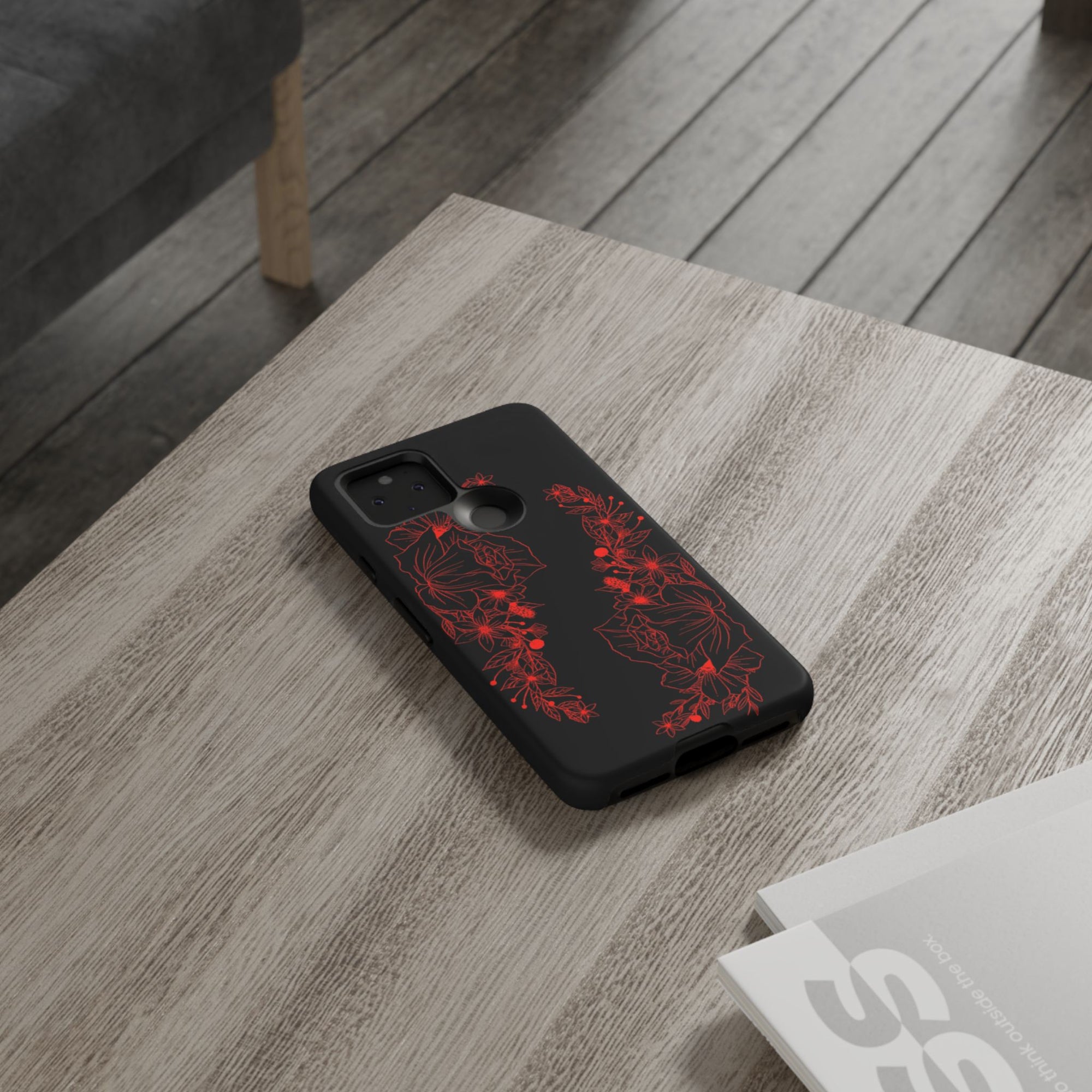 Stylish Floral Phone Case, Tough Phone Cover, Floral Design Case, Gift for Her, Black Phone Accessories