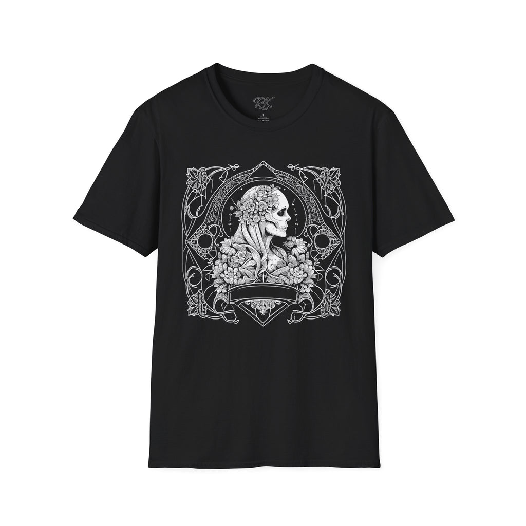 Gothic Floral Skull T-Shirt, Unisex Softstyle Tee, Halloween Apparel, Gothic Fashion, Unique Gift, Casual Wear