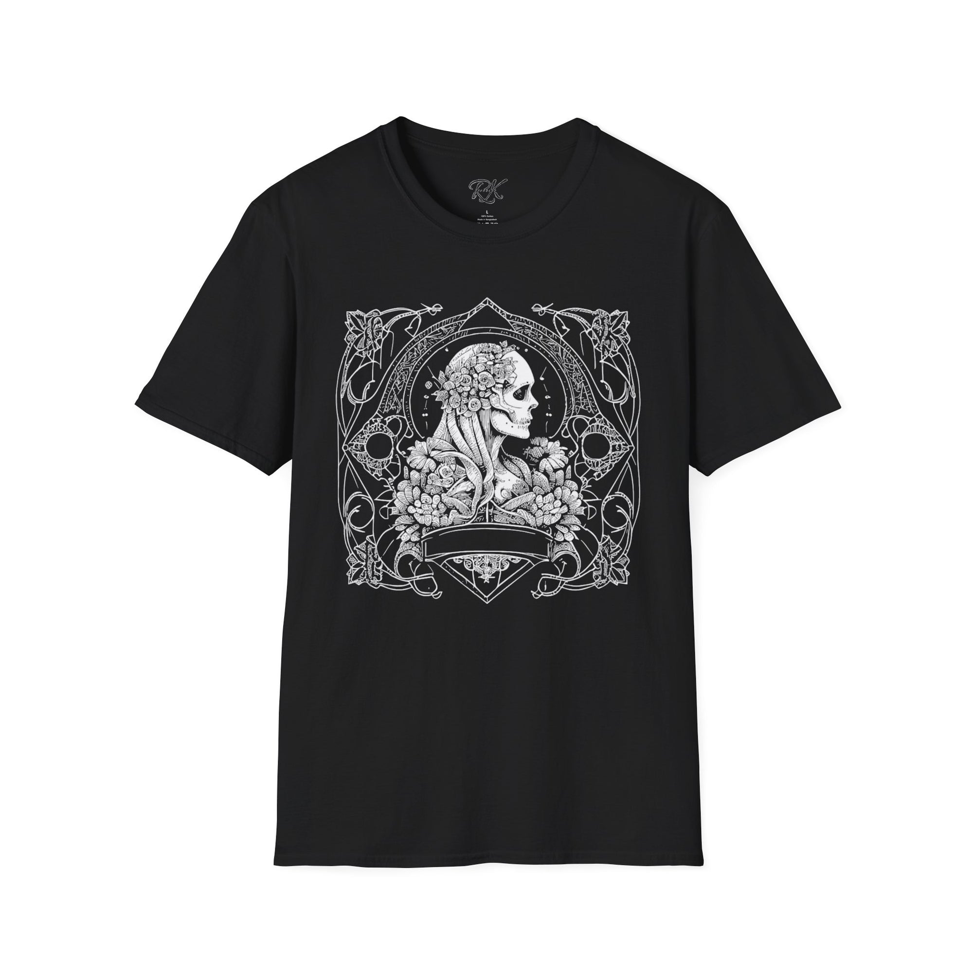 Gothic Floral Skull T-Shirt, Unisex Softstyle Tee, Halloween Apparel, Gothic Fashion, Unique Gift, Casual Wear