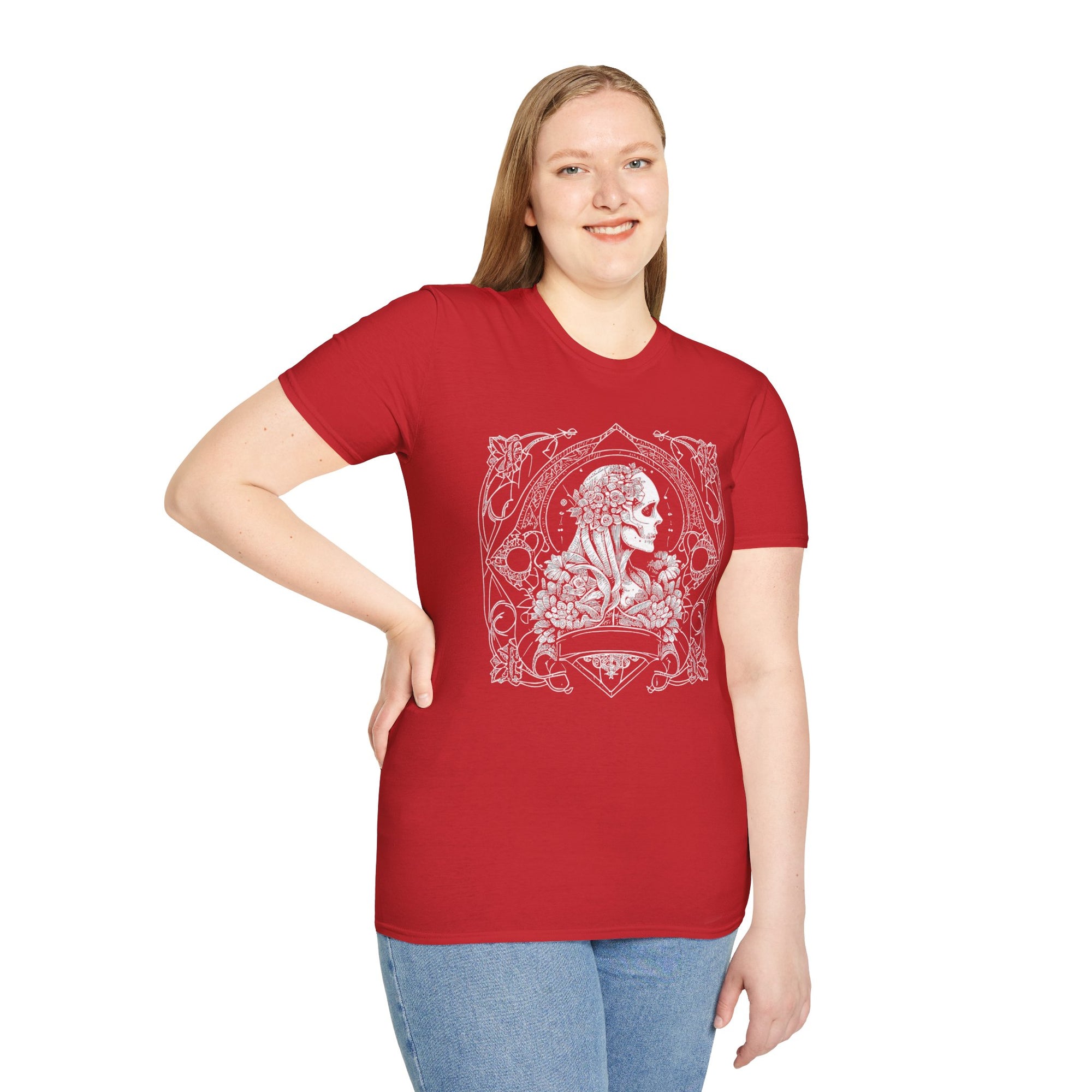 Gothic Floral Skull T-Shirt, Unisex Softstyle Tee, Halloween Apparel, Gothic Fashion, Unique Gift, Casual Wear