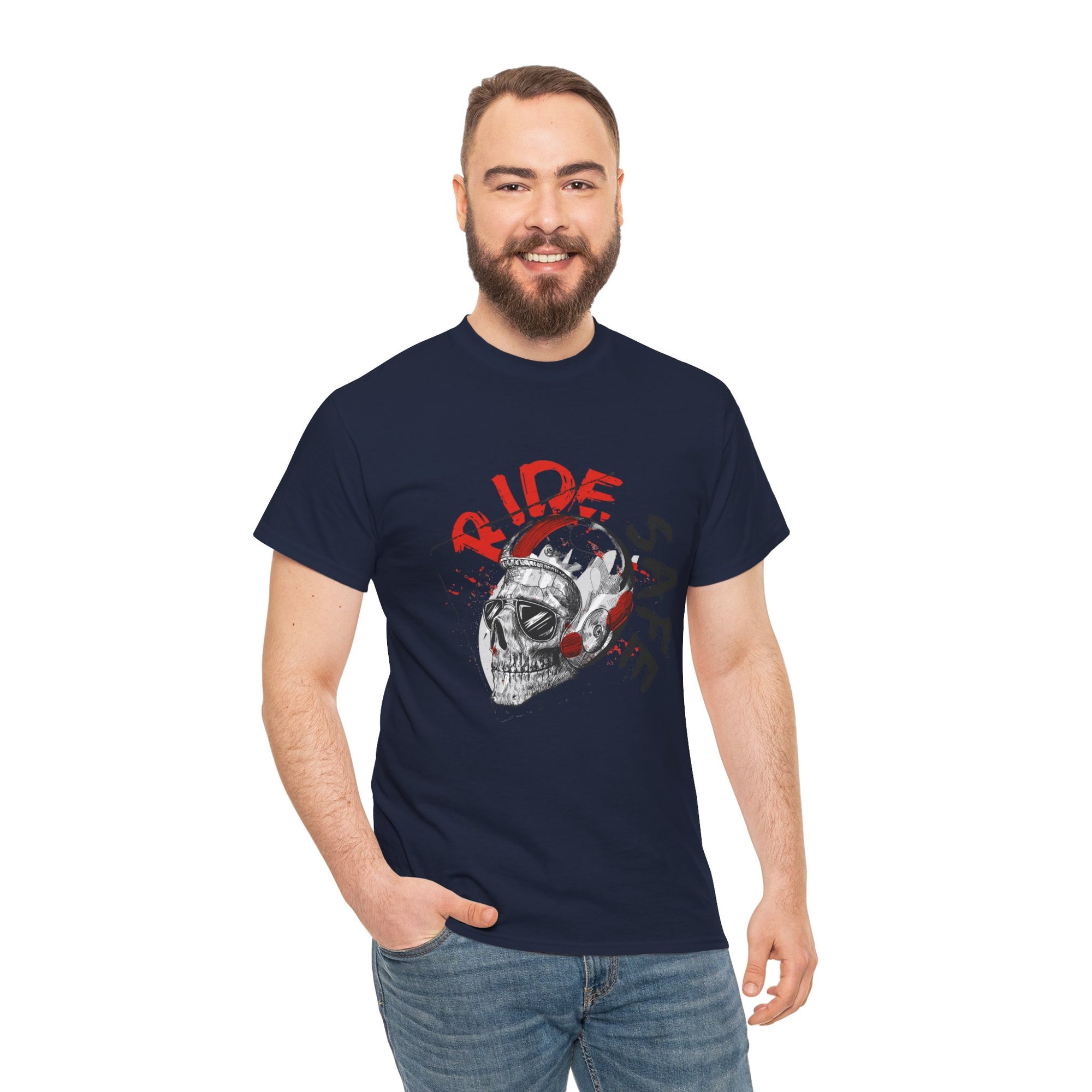 Skull Themed Ride Safe Tee, Unisex Heavy Cotton T-Shirt, Motorcycle Tee, Biker Apparel, Gift for Riders, Casual Wear