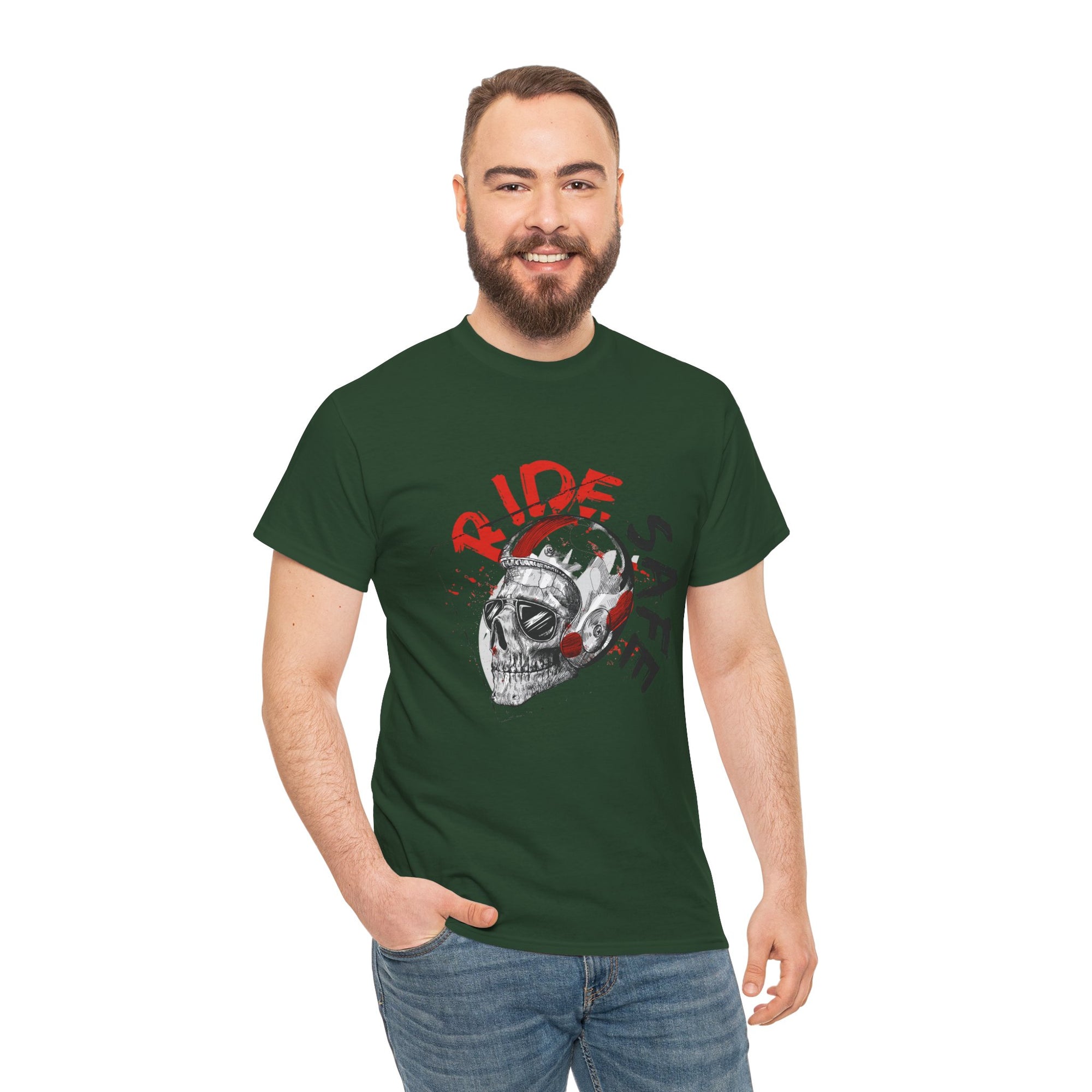 Skull Themed Ride Safe Tee, Unisex Heavy Cotton T-Shirt, Motorcycle Tee, Biker Apparel, Gift for Riders, Casual Wear