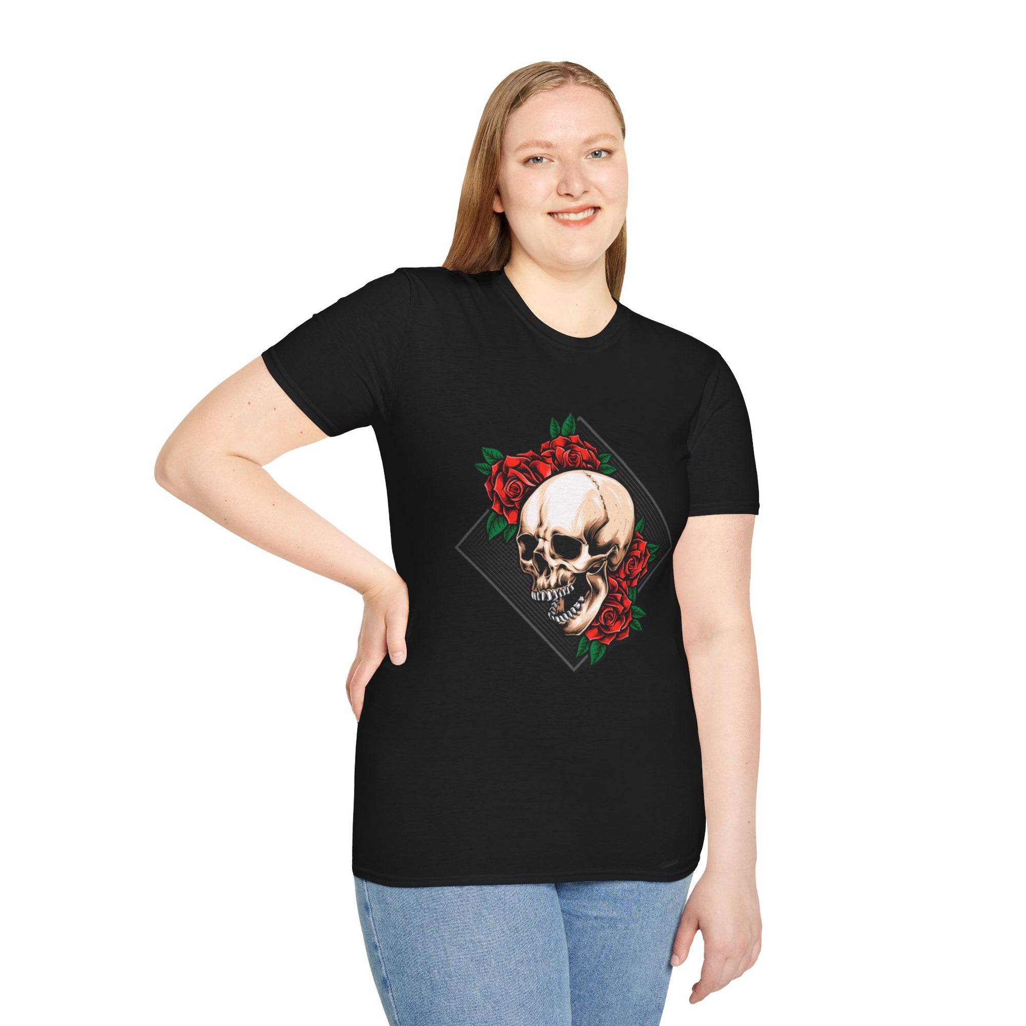 Skull and Roses T-Shirt | Edgy Unisex Softstyle Tee for Music Lovers, Halloween, Casual Wear, Gift Idea, Streetwear