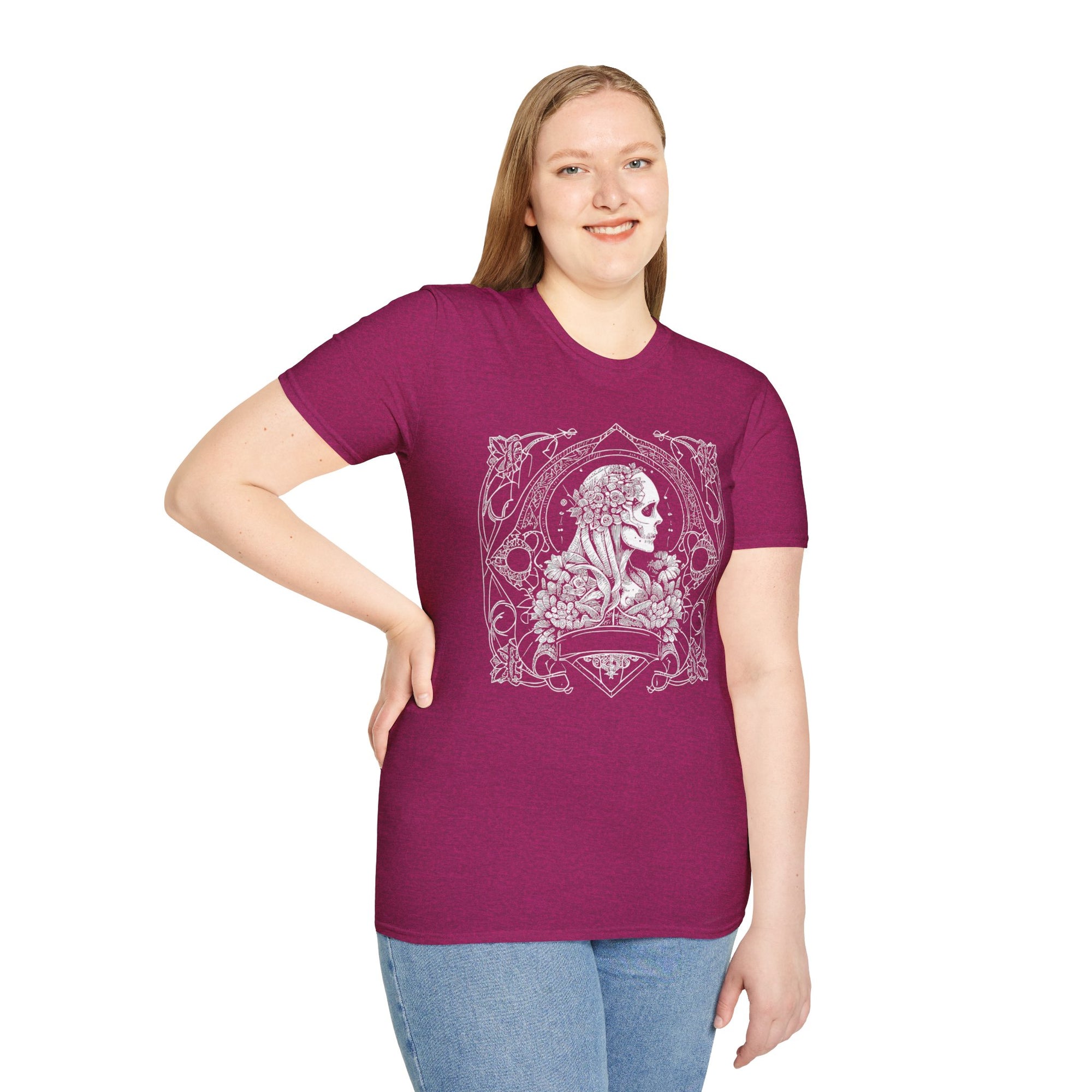 Gothic Floral Skull T-Shirt, Unisex Softstyle Tee, Halloween Apparel, Gothic Fashion, Unique Gift, Casual Wear