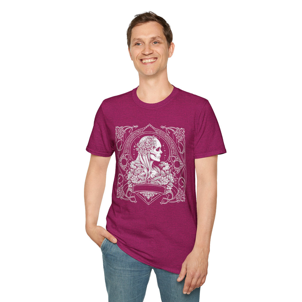 Gothic Floral Skull T-Shirt, Unisex Softstyle Tee, Halloween Apparel, Gothic Fashion, Unique Gift, Casual Wear