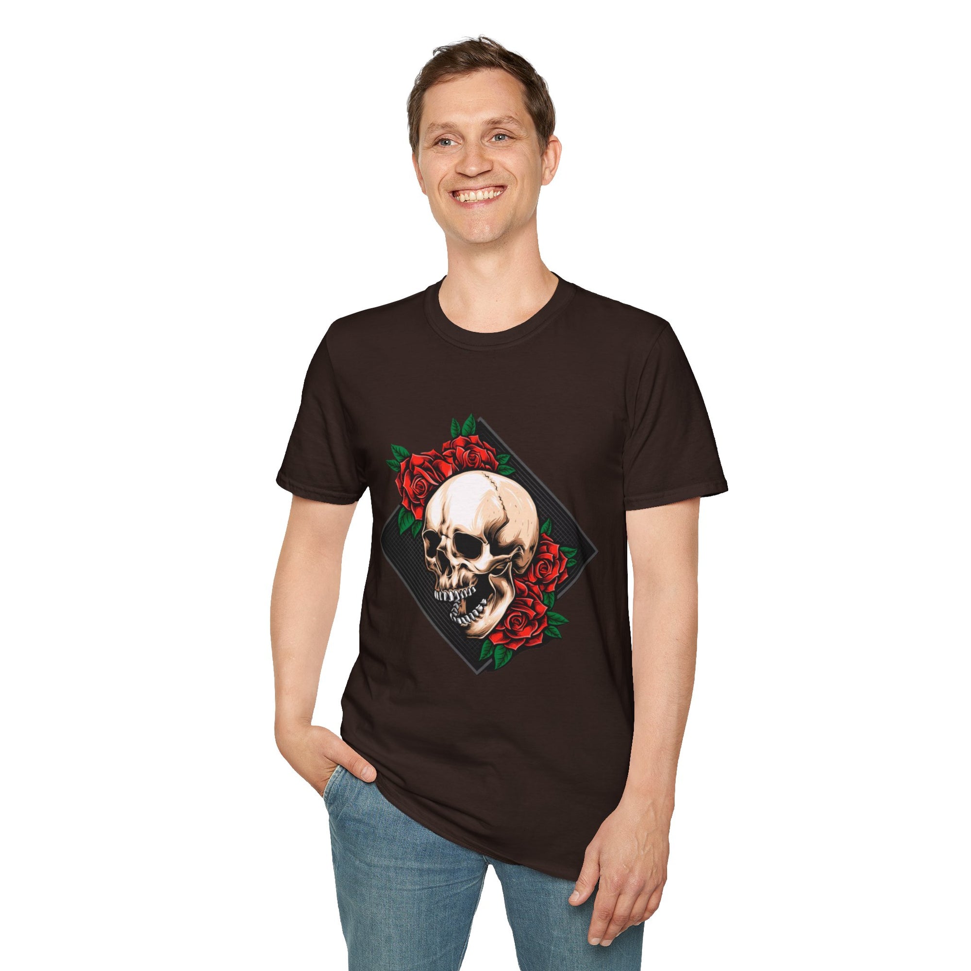 Skull and Roses T-Shirt | Edgy Unisex Softstyle Tee for Music Lovers, Halloween, Casual Wear, Gift Idea, Streetwear