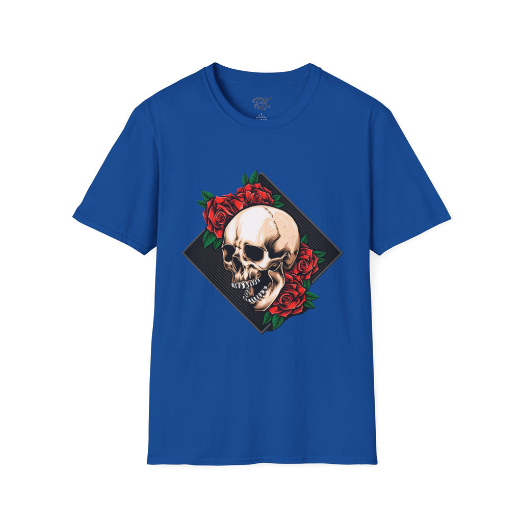 Skull and Roses T-Shirt | Edgy Unisex Softstyle Tee for Music Lovers, Halloween, Casual Wear, Gift Idea, Streetwear