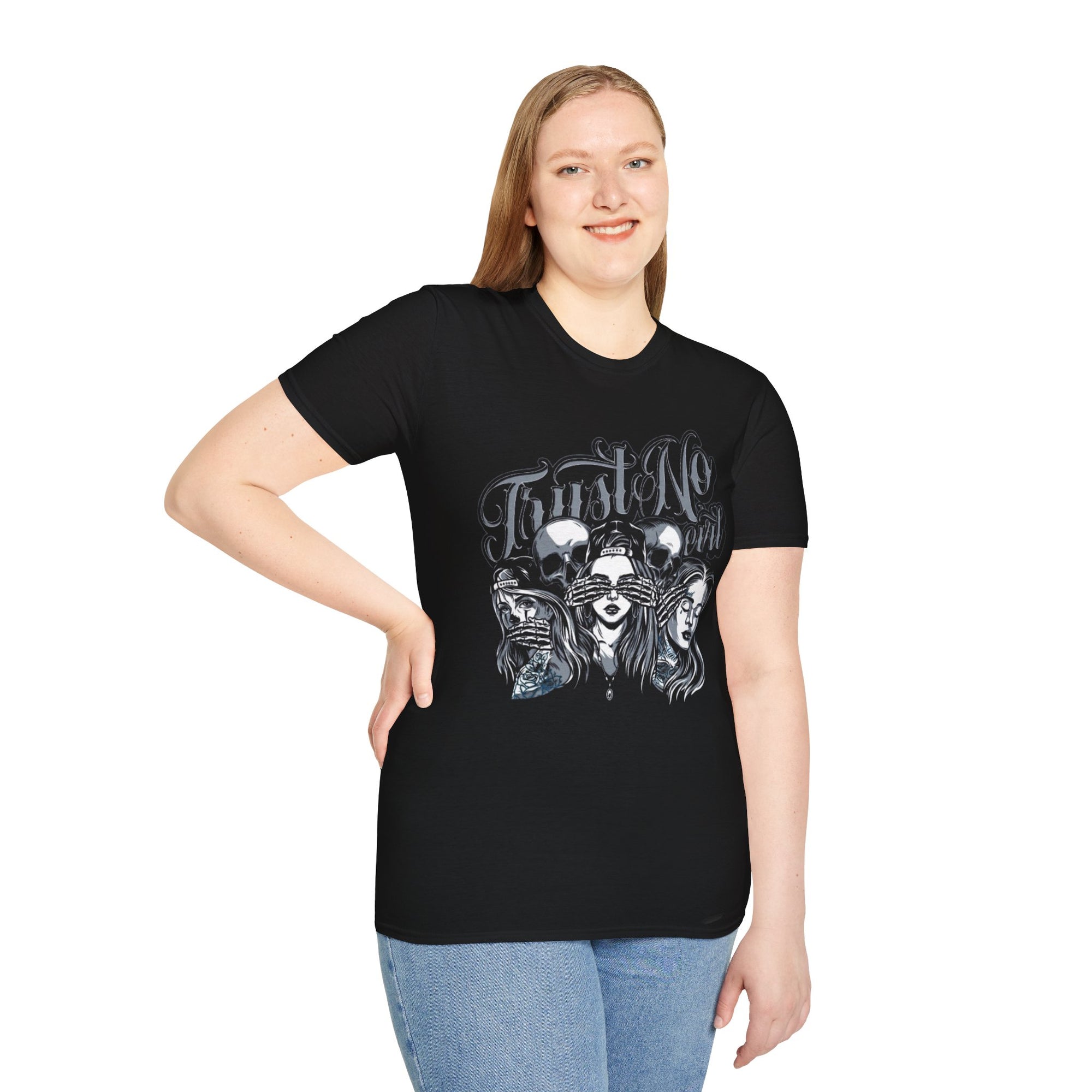 No Evil Graphic Unisex Softstyle T-Shirt, Boho Tee, Spiritual Gift, Protest Apparel, Awareness Shirt, Casual Fashion