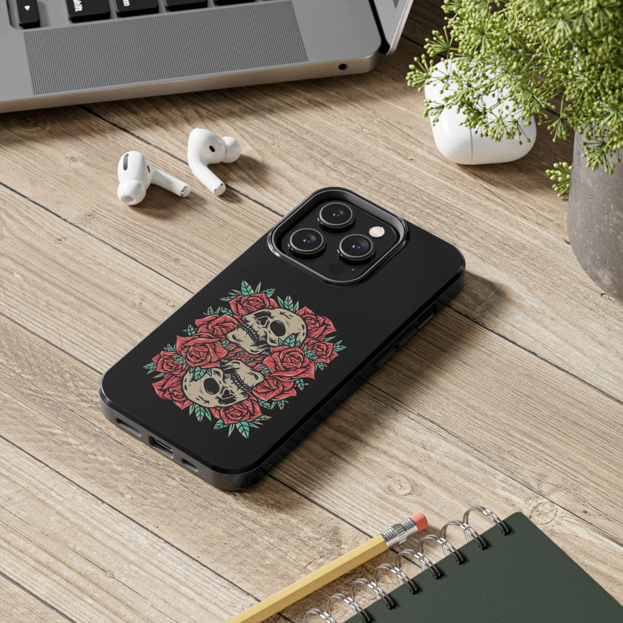 Stylish Skull & Roses Phone Case, Tough Phone Cover, Floral Skull Design, Unique Gift for her, Gothic Aesthetic Accessories