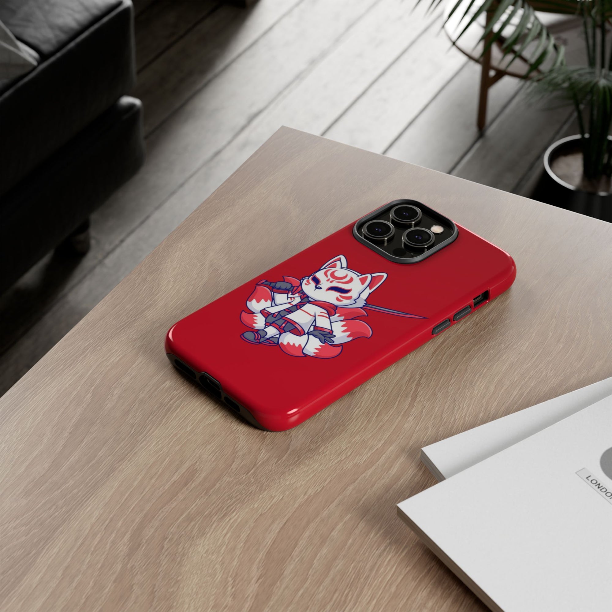Anime-Inspired Tough Phone Case, Kawaii Fox Design, Gift for Gamers, Cute Phone Accessories, Red Phone Cover, Cosplay Merchandise