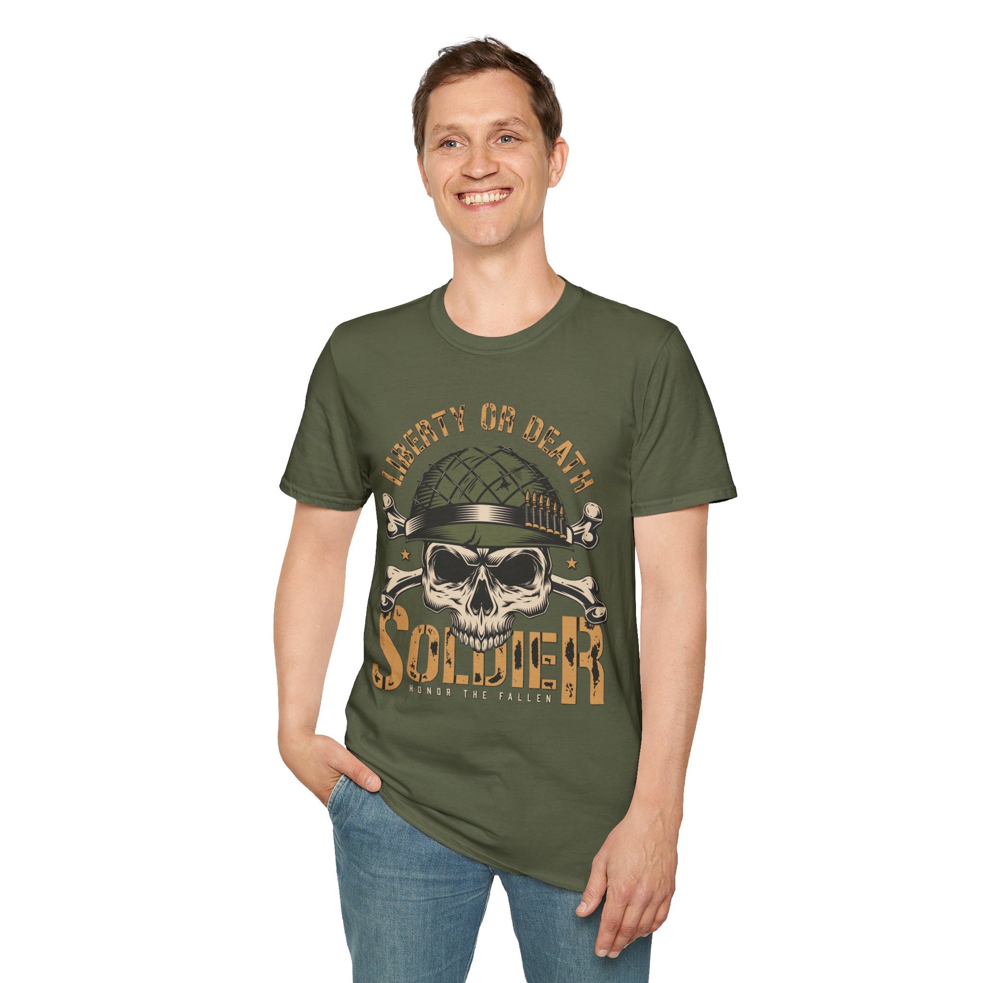 Liberty or Death Skull Soldier T-Shirt, Military Apparel, Unisex Graphic Tee, Veteran Gift, Casual Wear, Outdoor Adventure