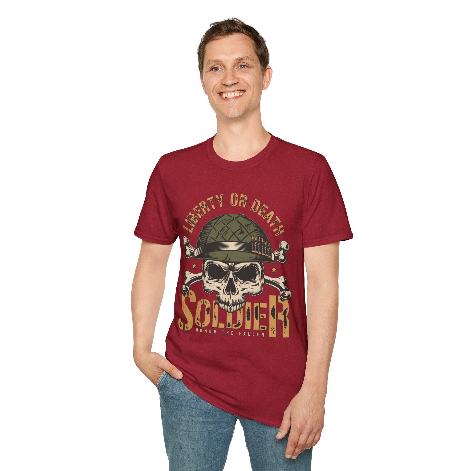 Liberty or Death Skull Soldier T-Shirt, Military Apparel, Unisex Graphic Tee, Veteran Gift, Casual Wear, Outdoor Adventure