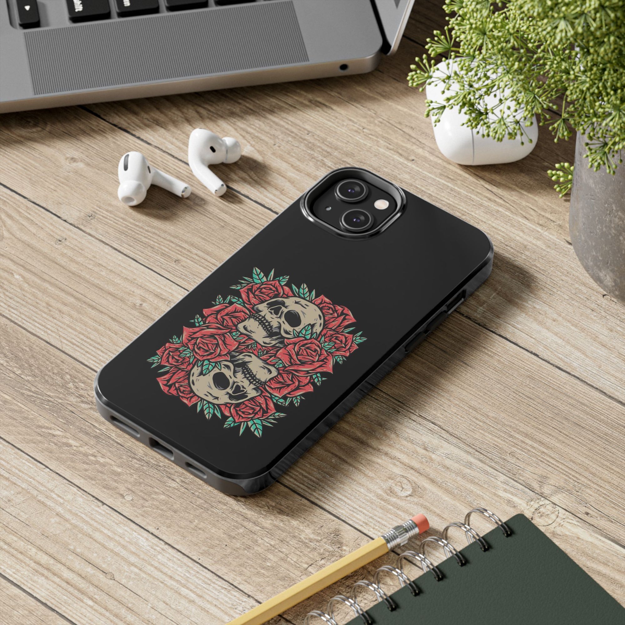 Stylish Skull & Roses Phone Case, Tough Phone Cover, Floral Skull Design, Unique Gift for her, Gothic Aesthetic Accessories