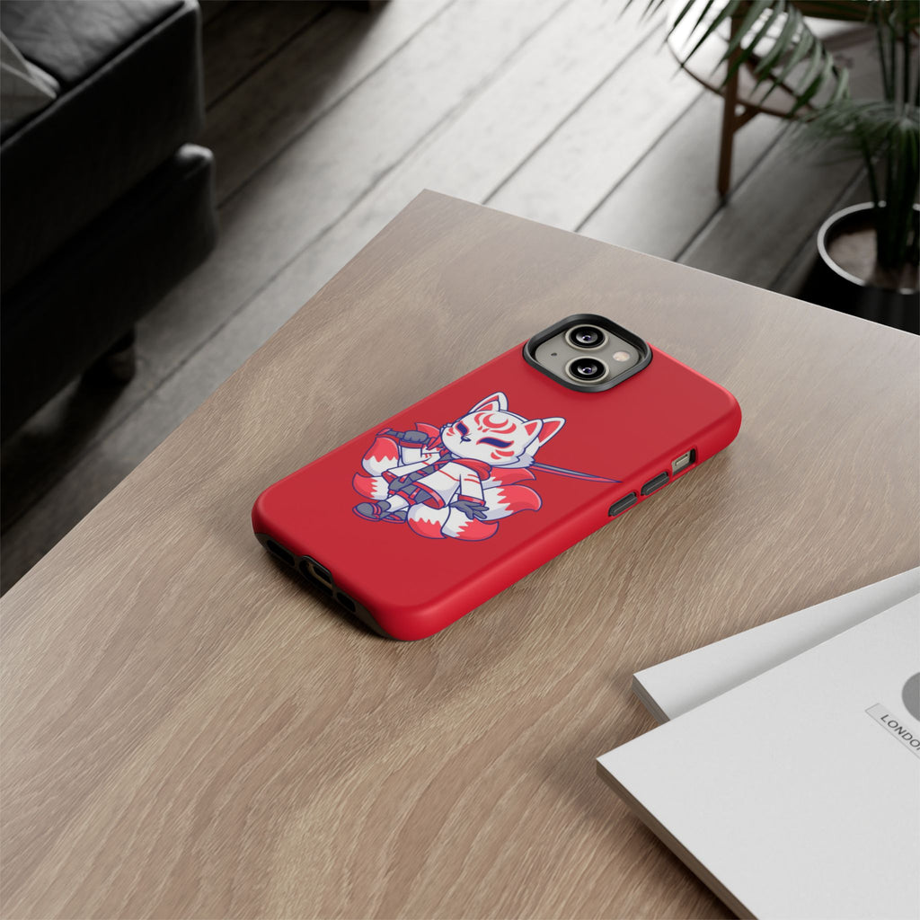 Anime-Inspired Tough Phone Case, Kawaii Fox Design, Gift for Gamers, Cute Phone Accessories, Red Phone Cover, Cosplay Merchandise
