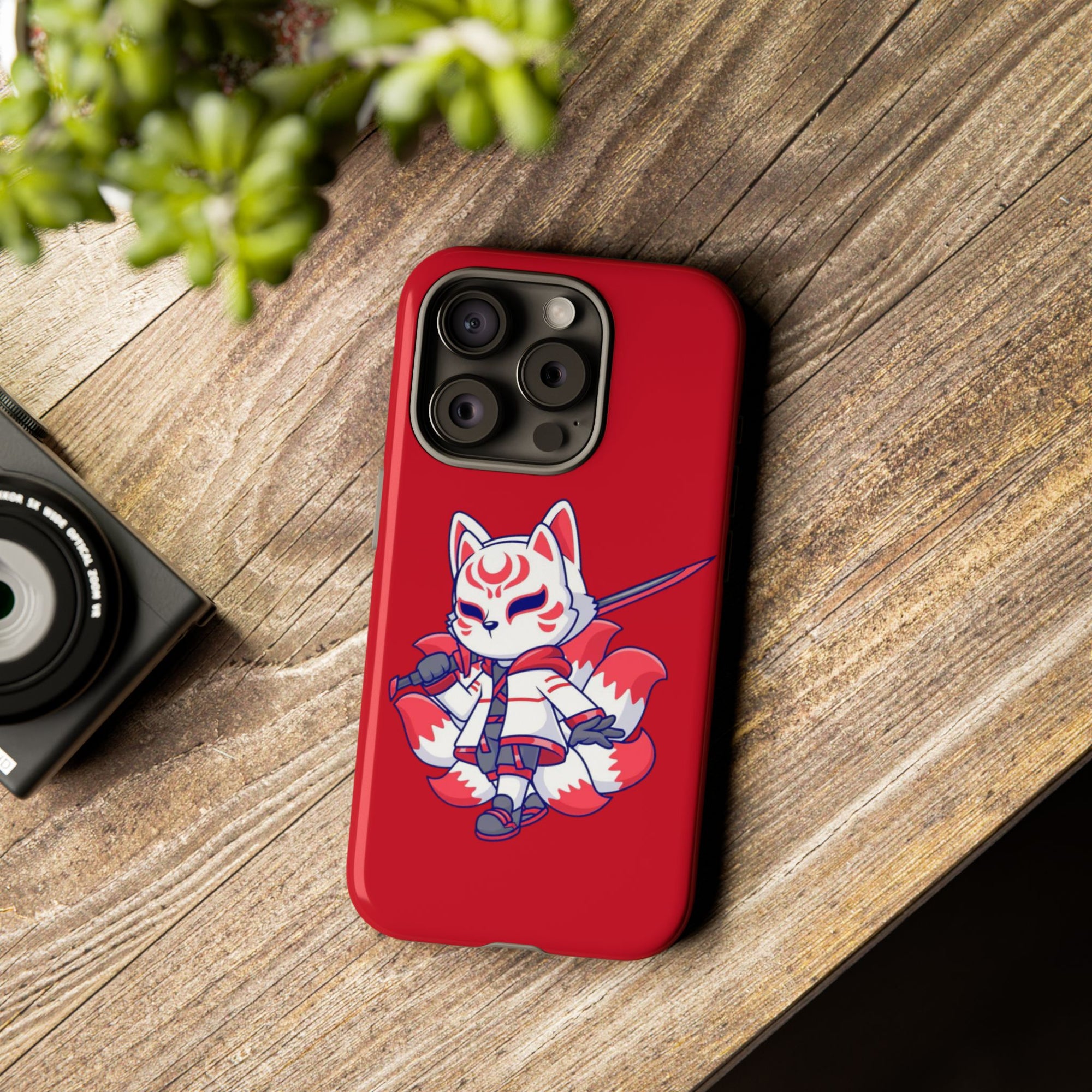 Anime-Inspired Tough Phone Case, Kawaii Fox Design, Gift for Gamers, Cute Phone Accessories, Red Phone Cover, Cosplay Merchandise