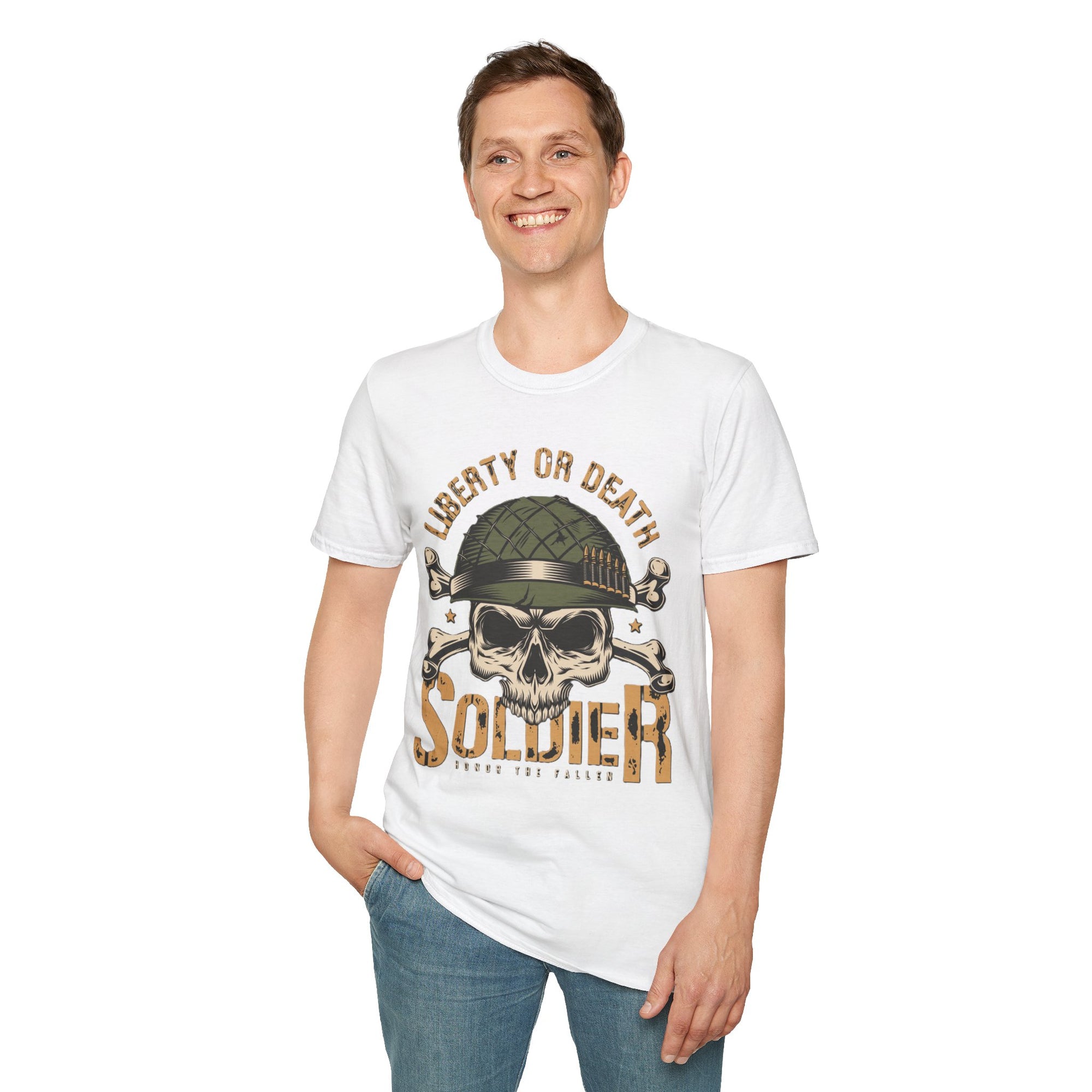 Liberty or Death Skull Soldier T-Shirt, Military Apparel, Unisex Graphic Tee, Veteran Gift, Casual Wear, Outdoor Adventure