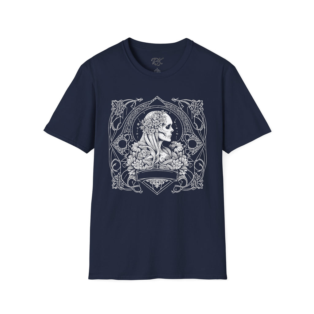 Gothic Floral Skull T-Shirt, Unisex Softstyle Tee, Halloween Apparel, Gothic Fashion, Unique Gift, Casual Wear