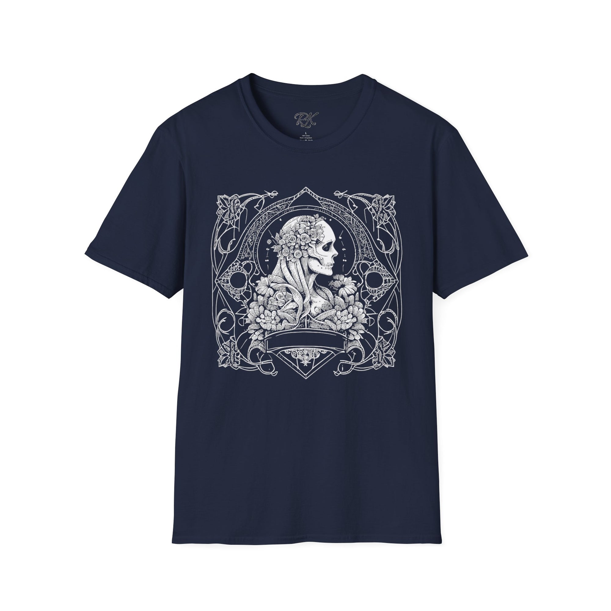 Gothic Floral Skull T-Shirt, Unisex Softstyle Tee, Halloween Apparel, Gothic Fashion, Unique Gift, Casual Wear