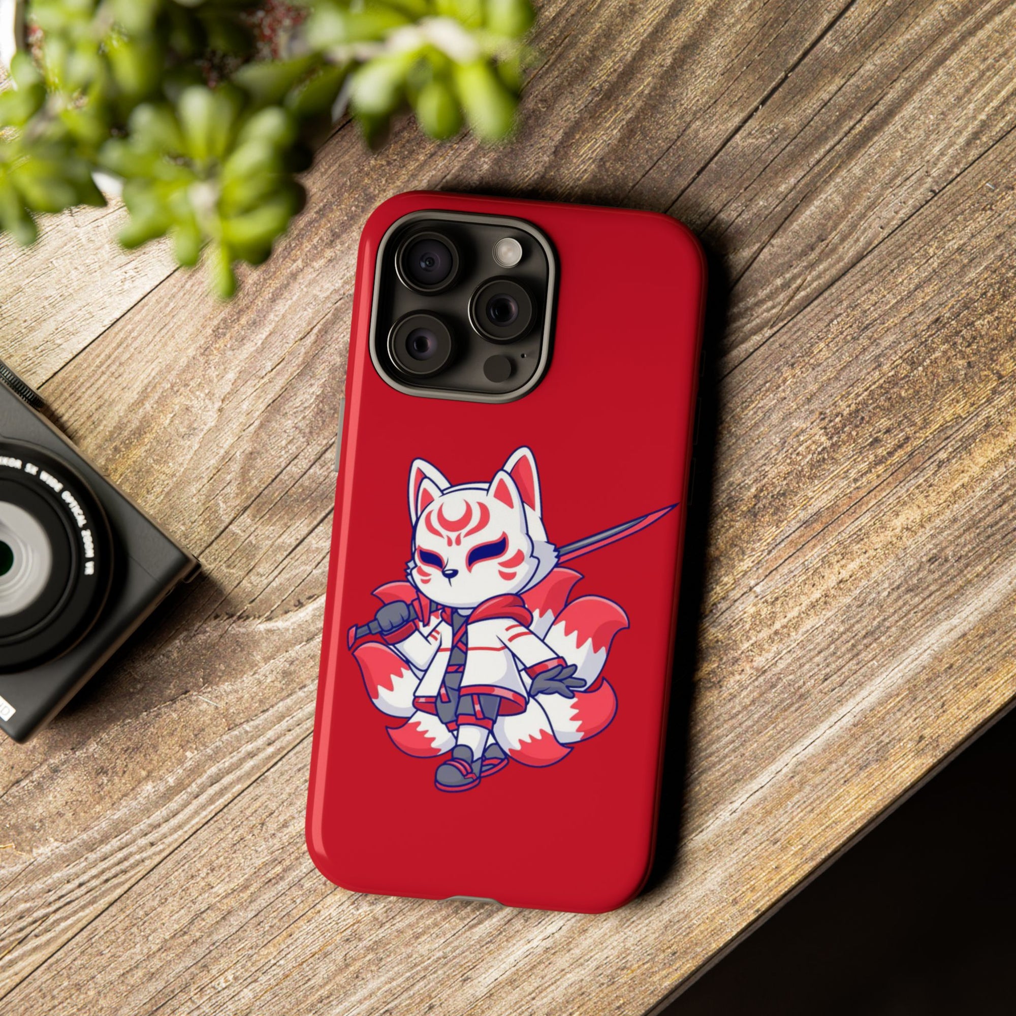 Anime-Inspired Tough Phone Case, Kawaii Fox Design, Gift for Gamers, Cute Phone Accessories, Red Phone Cover, Cosplay Merchandise