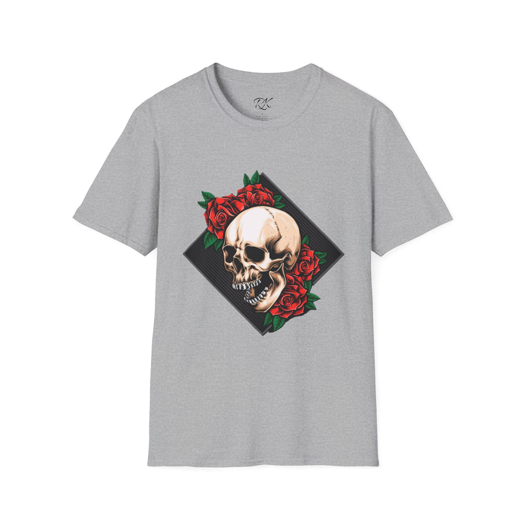 Skull and Roses T-Shirt | Edgy Unisex Softstyle Tee for Music Lovers, Halloween, Casual Wear, Gift Idea, Streetwear