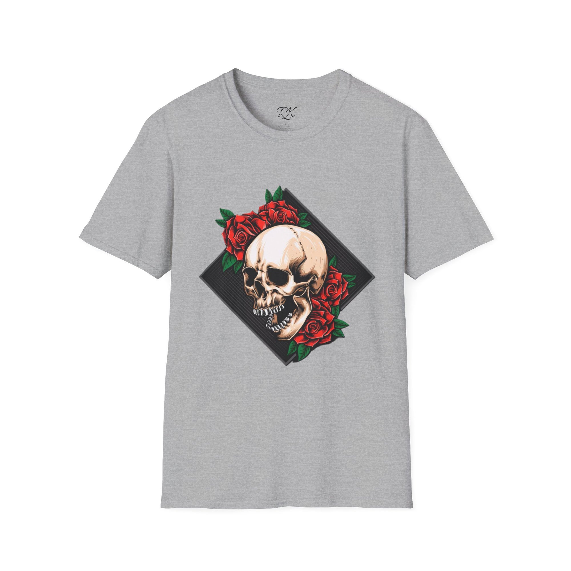 Skull and Roses T-Shirt | Edgy Unisex Softstyle Tee for Music Lovers, Halloween, Casual Wear, Gift Idea, Streetwear