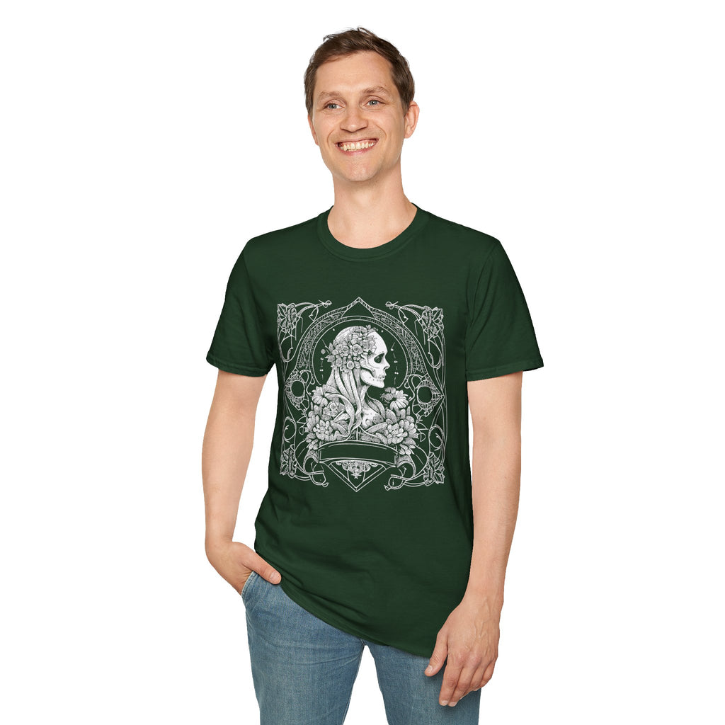 Gothic Floral Skull T-Shirt, Unisex Softstyle Tee, Halloween Apparel, Gothic Fashion, Unique Gift, Casual Wear