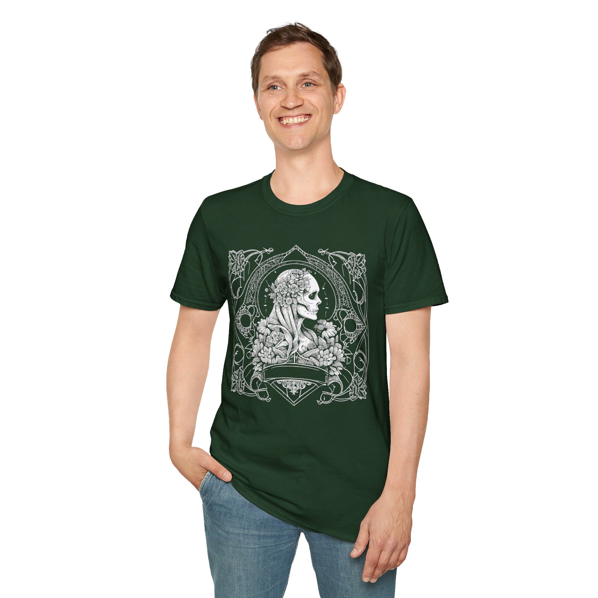 Gothic Floral Skull T-Shirt, Unisex Softstyle Tee, Halloween Apparel, Gothic Fashion, Unique Gift, Casual Wear
