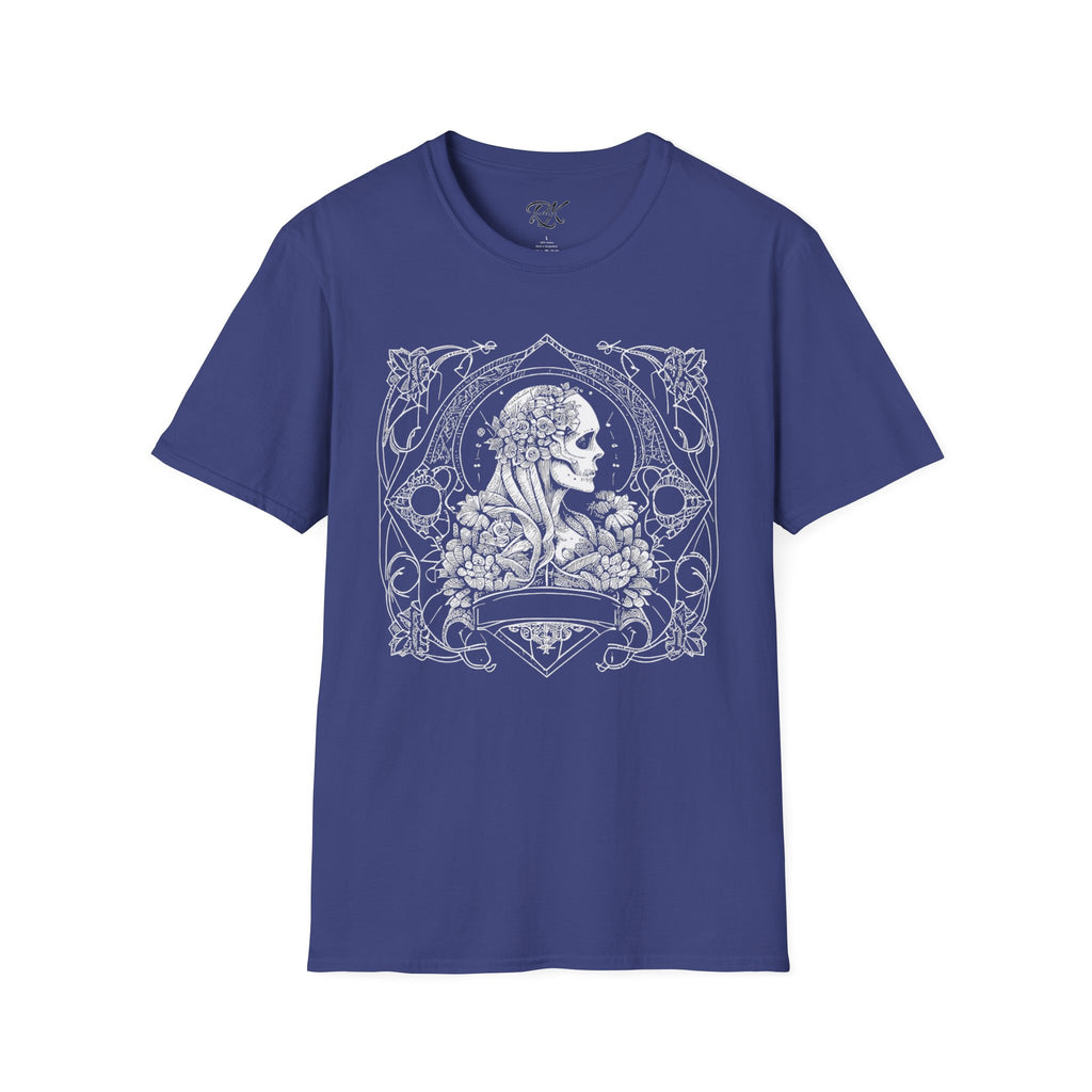 Gothic Floral Skull T-Shirt, Unisex Softstyle Tee, Halloween Apparel, Gothic Fashion, Unique Gift, Casual Wear