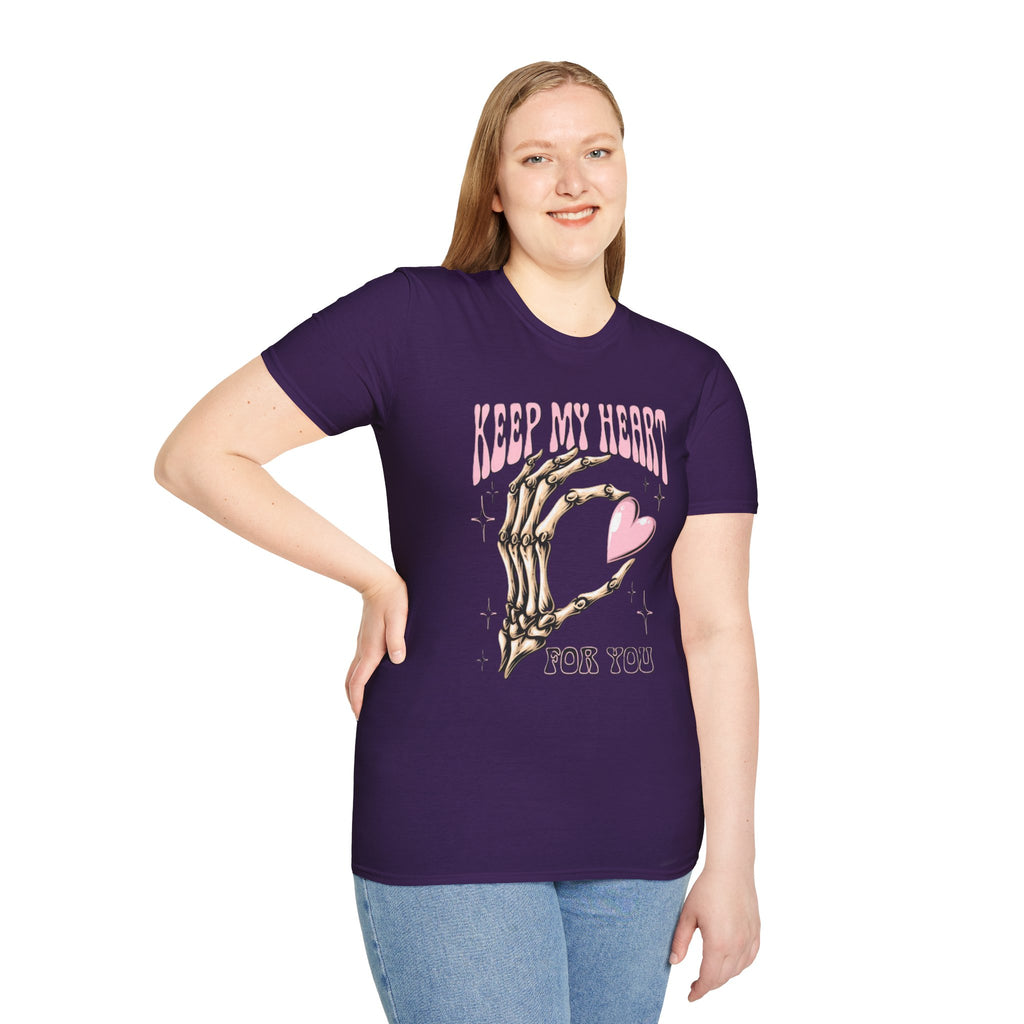 Keep My Heart Unisex Softstyle T-Shirt, Cute Graphic Tee, Valentine's Day Gift, Casual Style, Skeleton Design, Soft Cotton