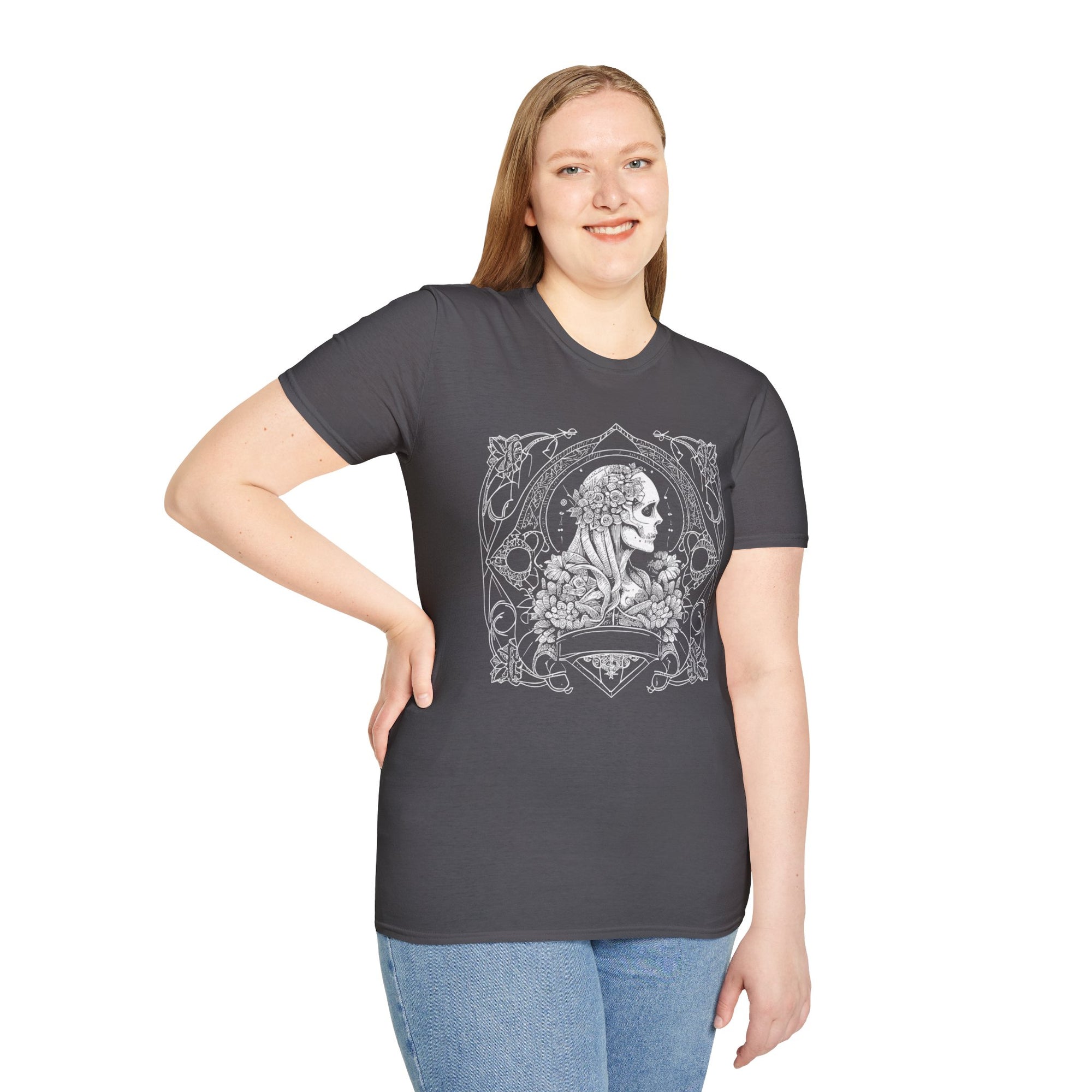 Gothic Floral Skull T-Shirt, Unisex Softstyle Tee, Halloween Apparel, Gothic Fashion, Unique Gift, Casual Wear
