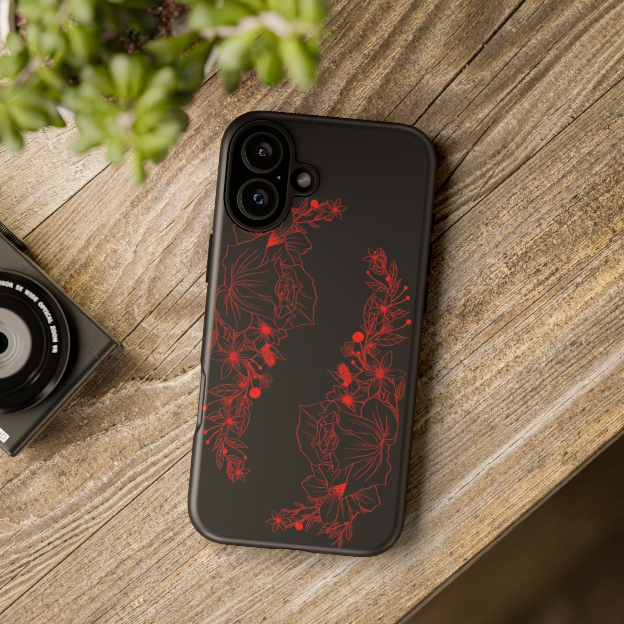 Stylish Floral Phone Case, Tough Phone Cover, Floral Design Case, Gift for Her, Black Phone Accessories
