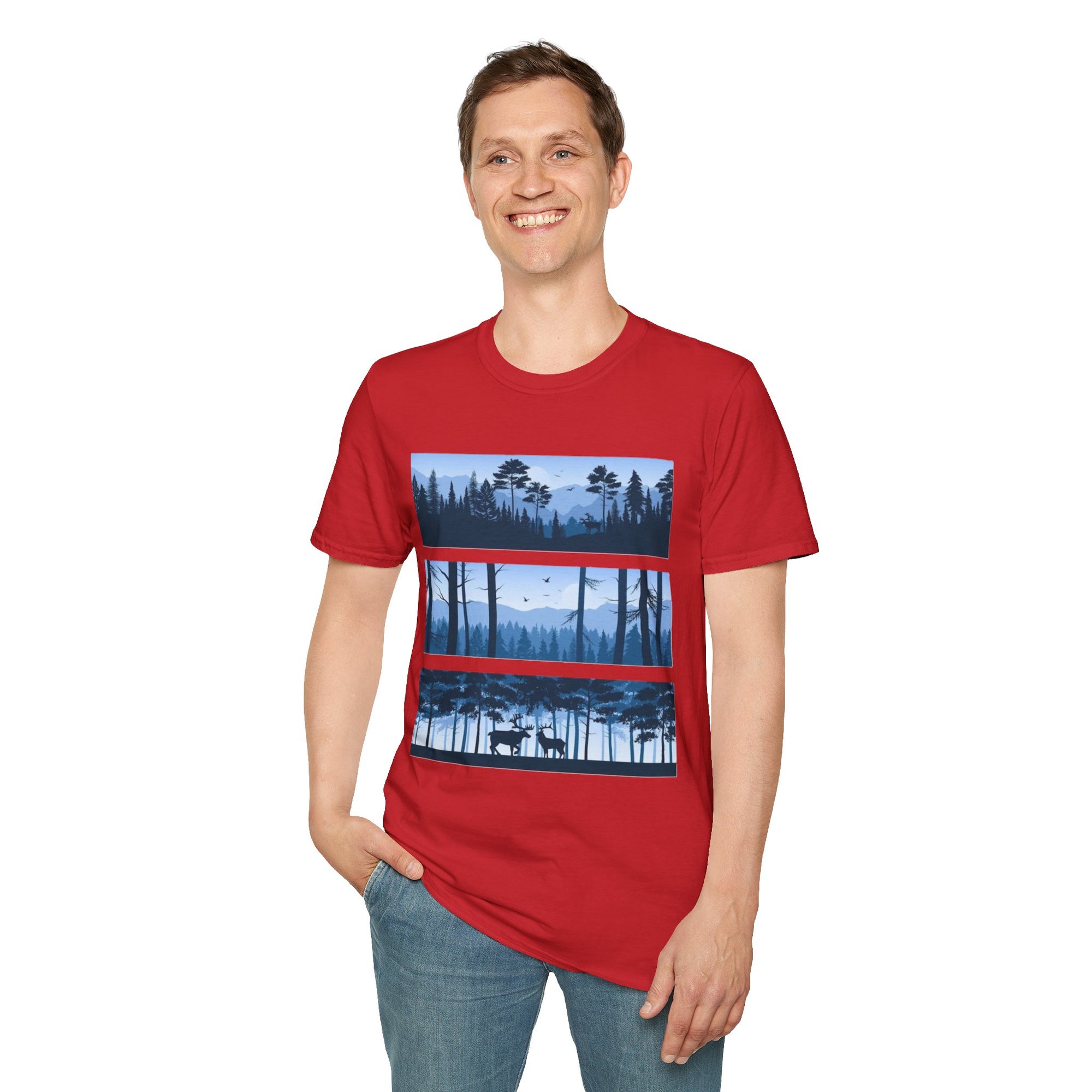 Mountain Landscape Unisex Softstyle T-Shirt | Nature Lover Gift, Outdoor Adventure Tee, Relaxed Fit, Casual Wear, Camping Shirt