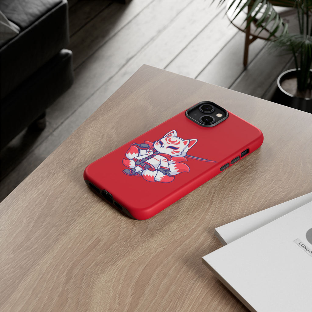 Anime-Inspired Tough Phone Case, Kawaii Fox Design, Gift for Gamers, Cute Phone Accessories, Red Phone Cover, Cosplay Merchandise